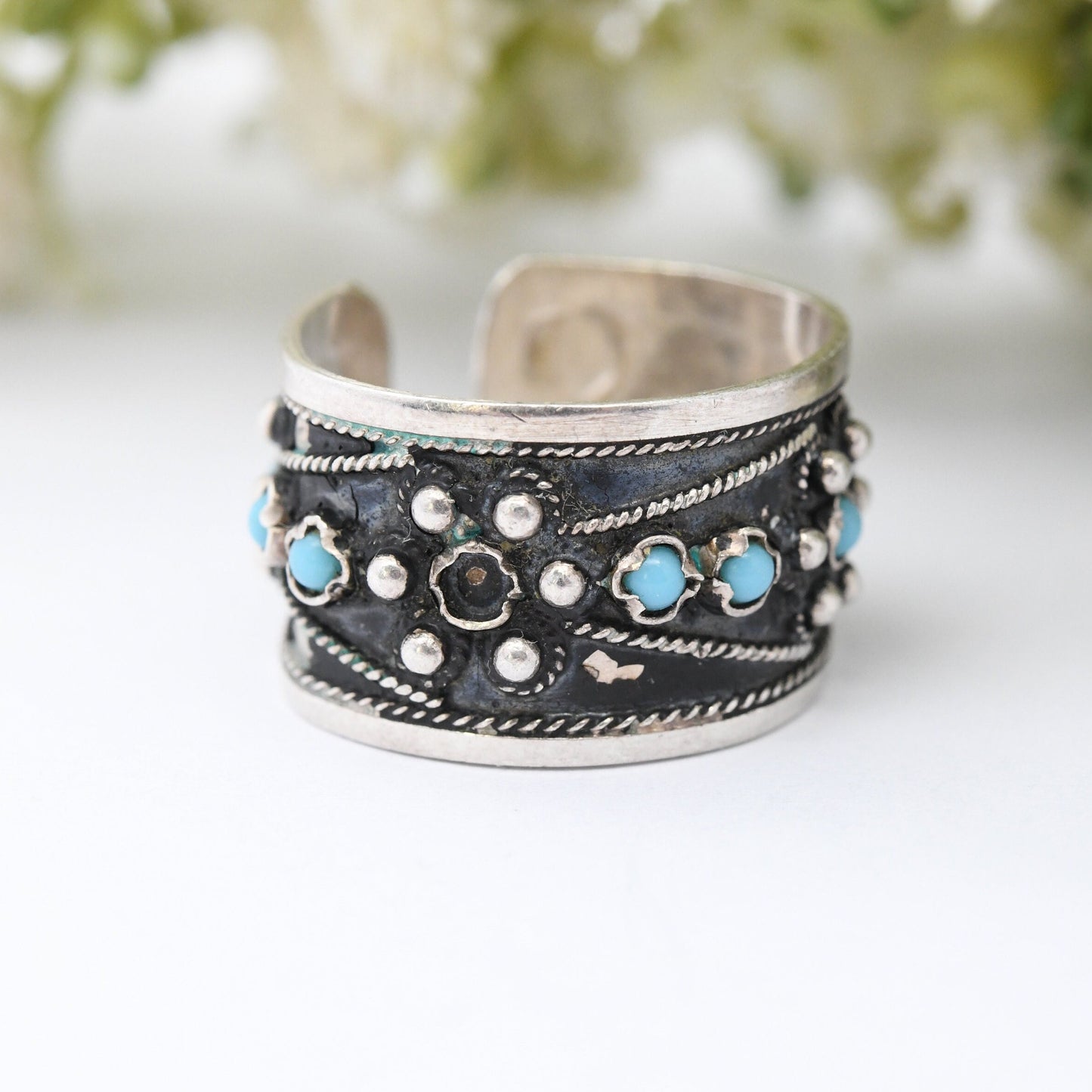 Vintage Indian Silver Ring with Blue Stones - Open Back Adjustable Band | UK Size - Q | US Size - 8