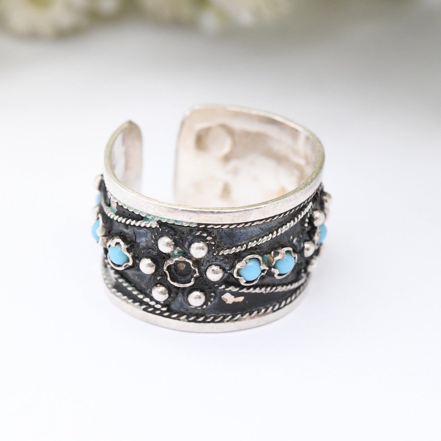 Vintage Indian Silver Ring with Blue Stones - Open Back Adjustable Band | UK Size - Q | US Size - 8