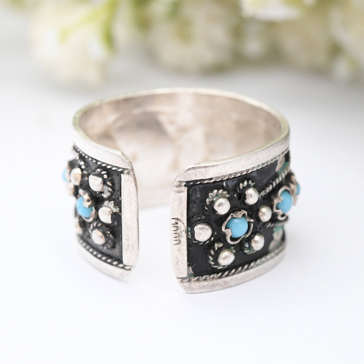 Vintage Indian Silver Ring with Blue Stones - Open Back Adjustable Band | UK Size - Q | US Size - 8