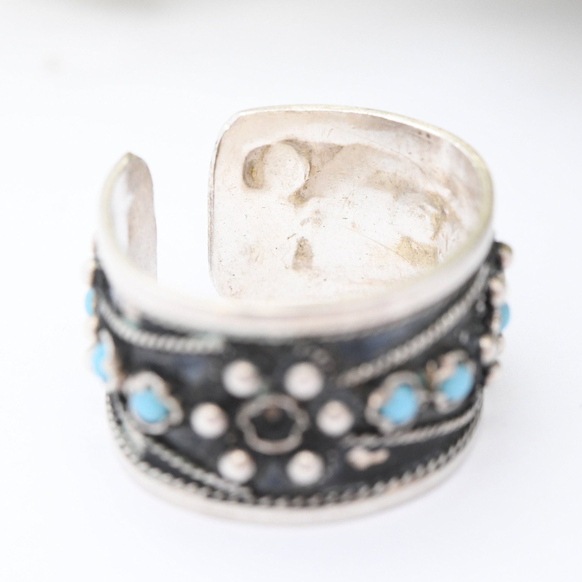 Vintage Indian Silver Ring with Blue Stones - Open Back Adjustable Band | UK Size - Q | US Size - 8