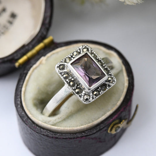 Vintage Sterling Silver Amethyst Marcasite Ring - Art Deco Style Cocktail Ring | UK Size - R 1/2 | US Size - 9