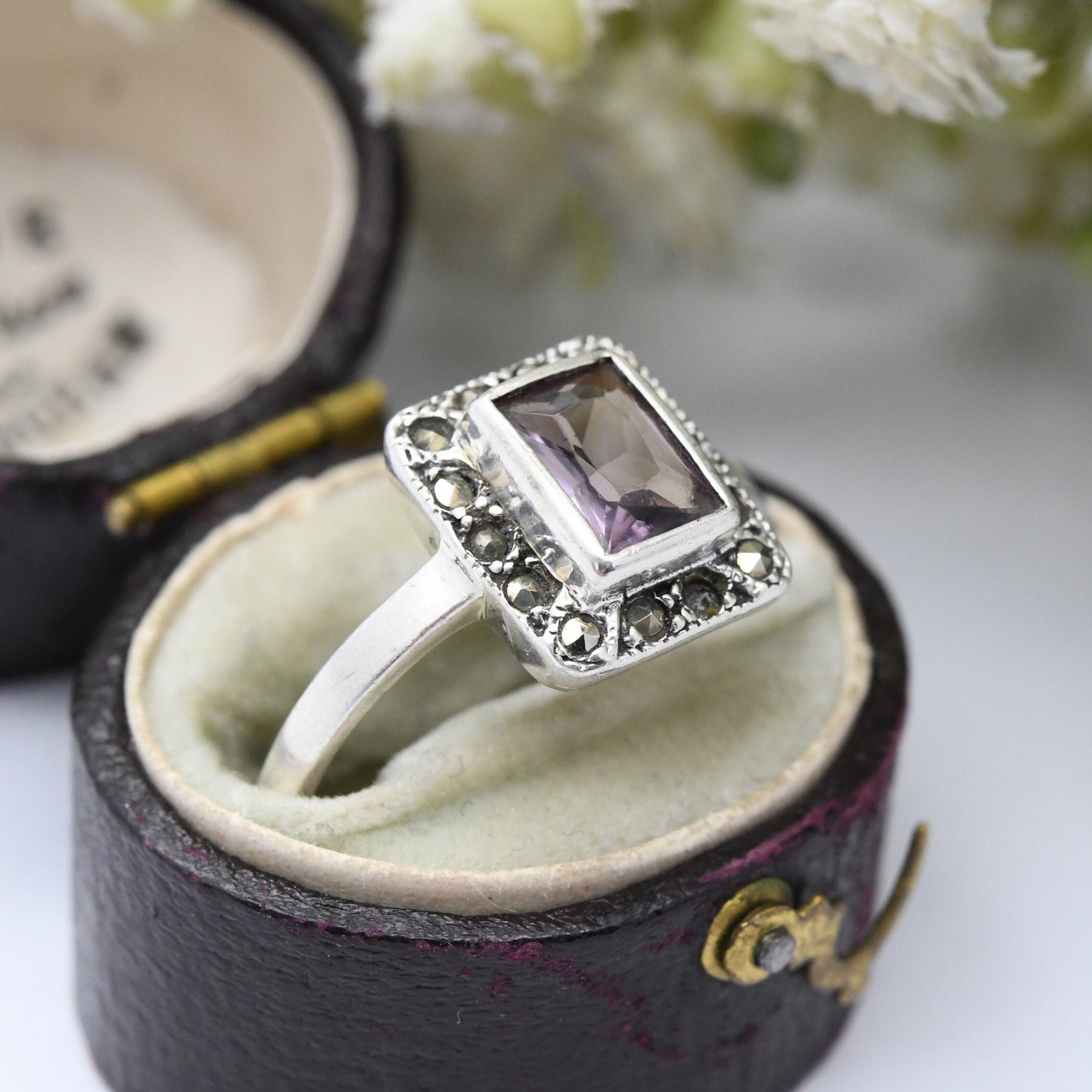 Vintage Sterling Silver Amethyst Marcasite Ring - Art Deco Style Cocktail Ring | UK Size - R 1/2 | US Size - 9