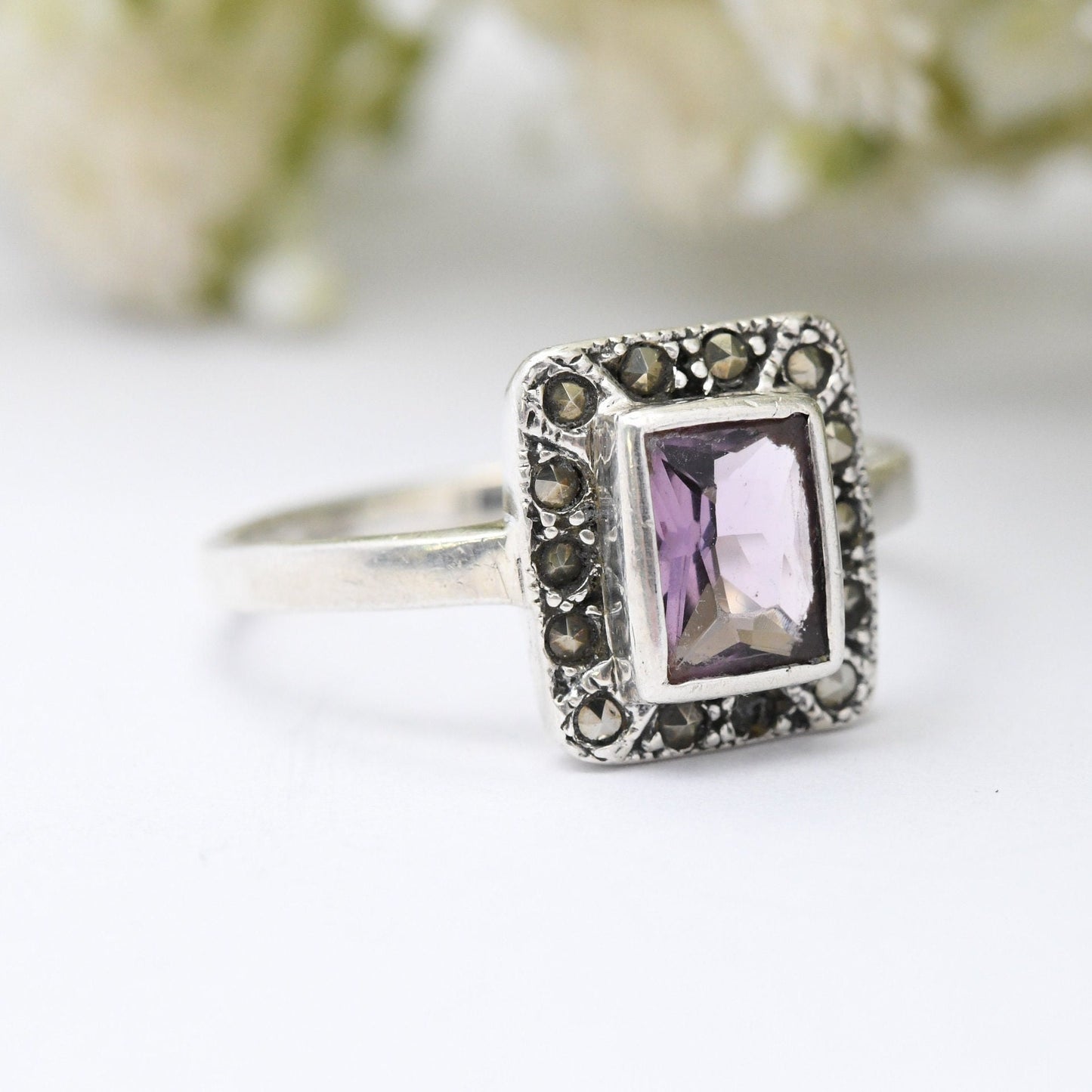 Vintage Sterling Silver Amethyst Marcasite Ring - Art Deco Style Cocktail Ring | UK Size - R 1/2 | US Size - 9