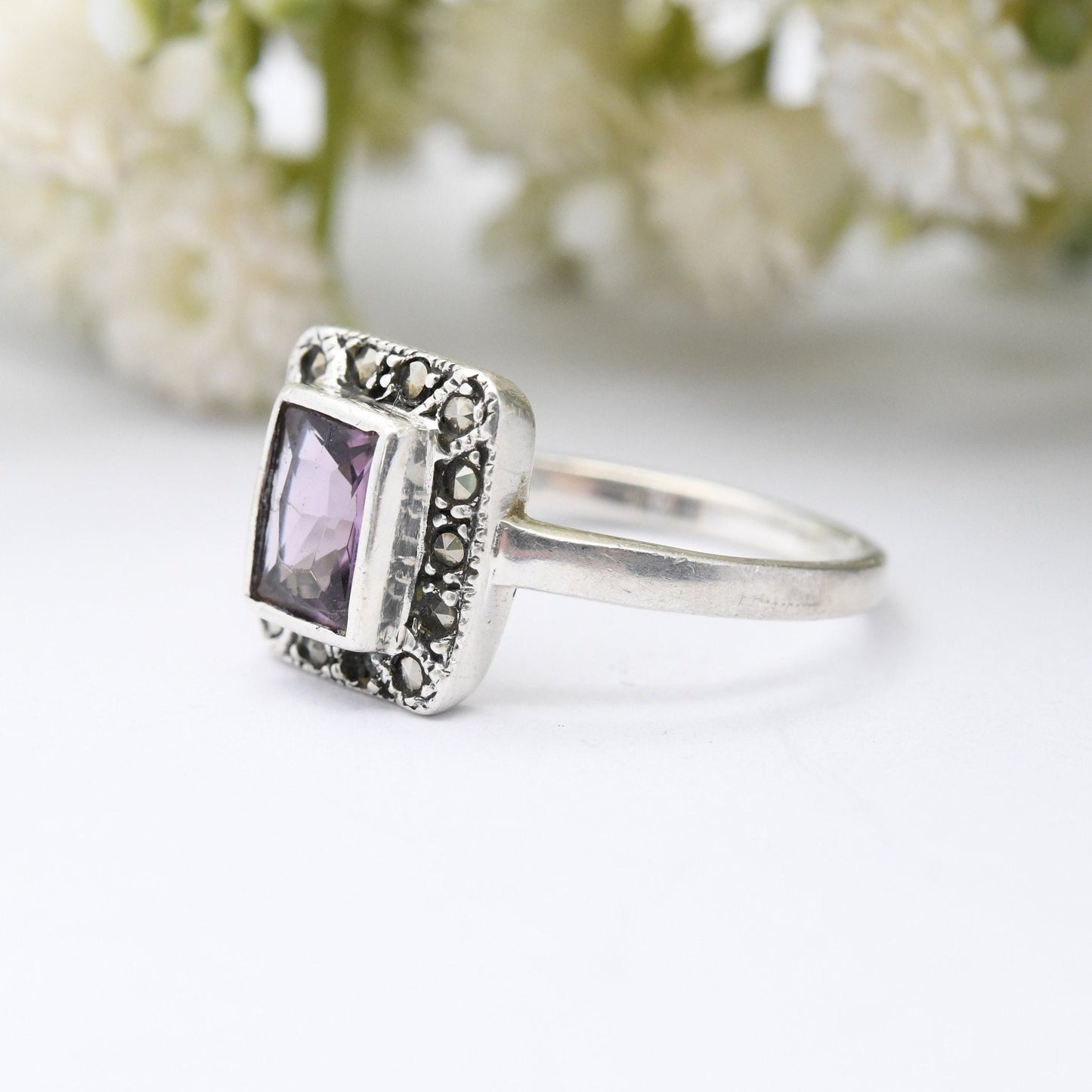 Vintage Sterling Silver Amethyst Marcasite Ring - Art Deco Style Cocktail Ring | UK Size - R 1/2 | US Size - 9