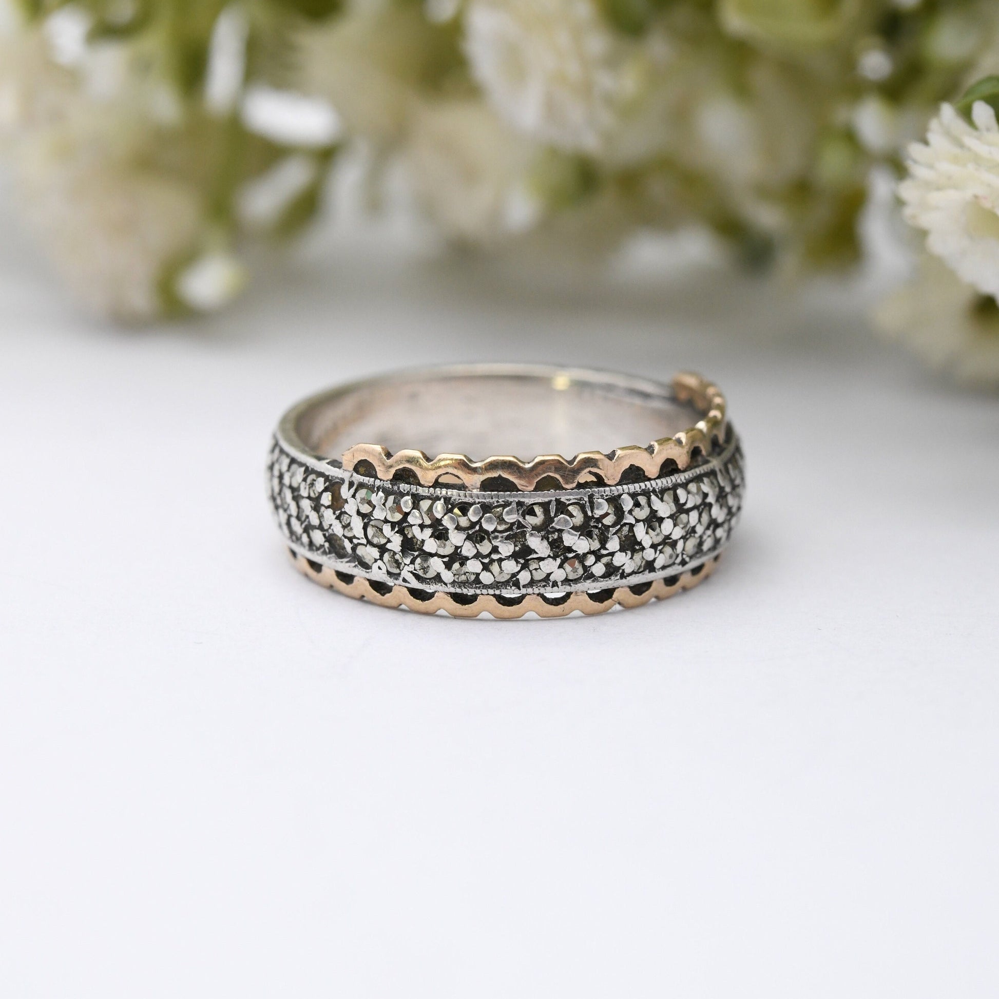 Vintage 9ct Gold & Sterling Silver Marcasite Eternity Ring - Mid-Century Statement Band | UK Size - R 1/2 | US Size - 8 3/4