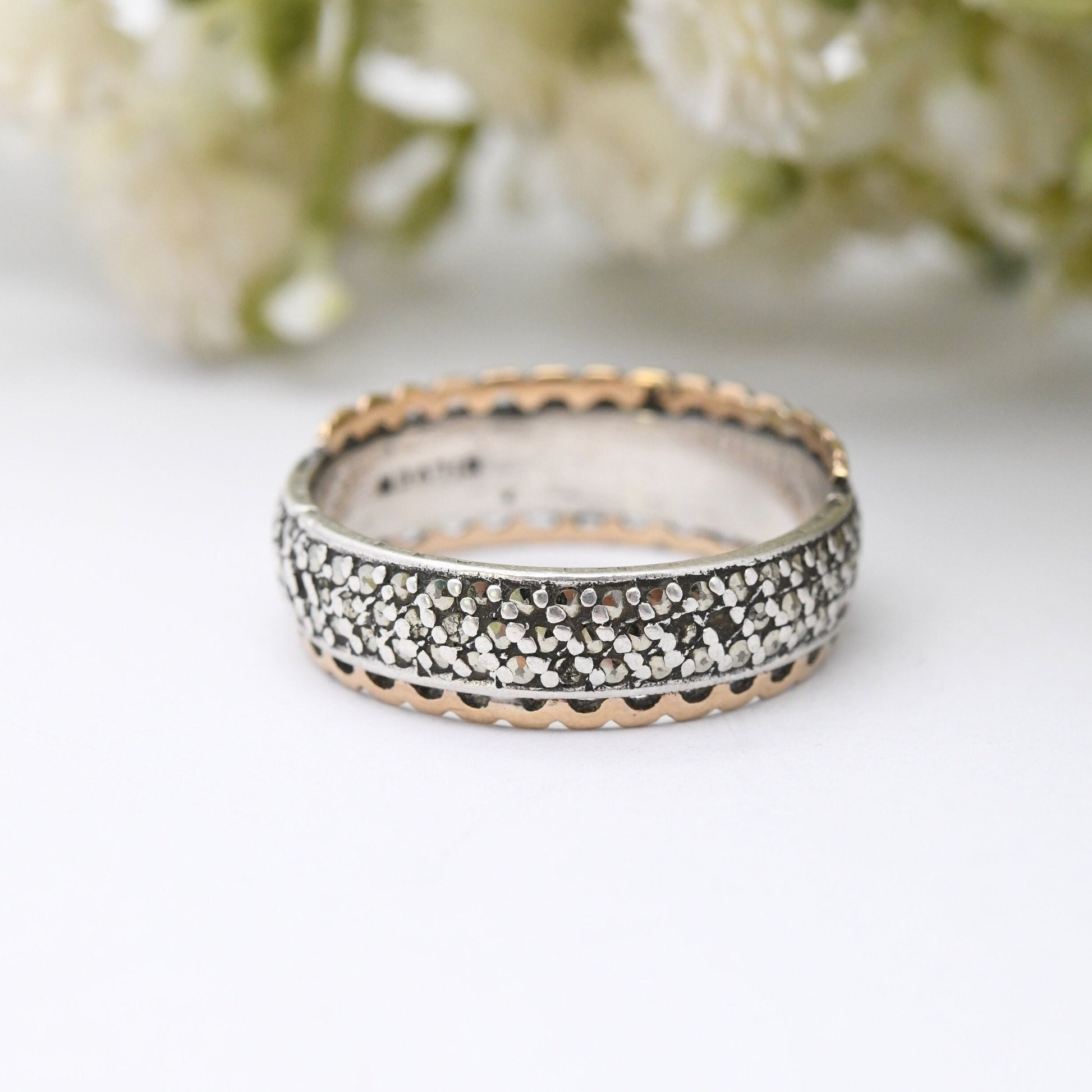 Vintage 9ct Gold & Sterling Silver Marcasite Eternity Ring - Mid-Century Statement Band | UK Size - R 1/2 | US Size - 8 3/4