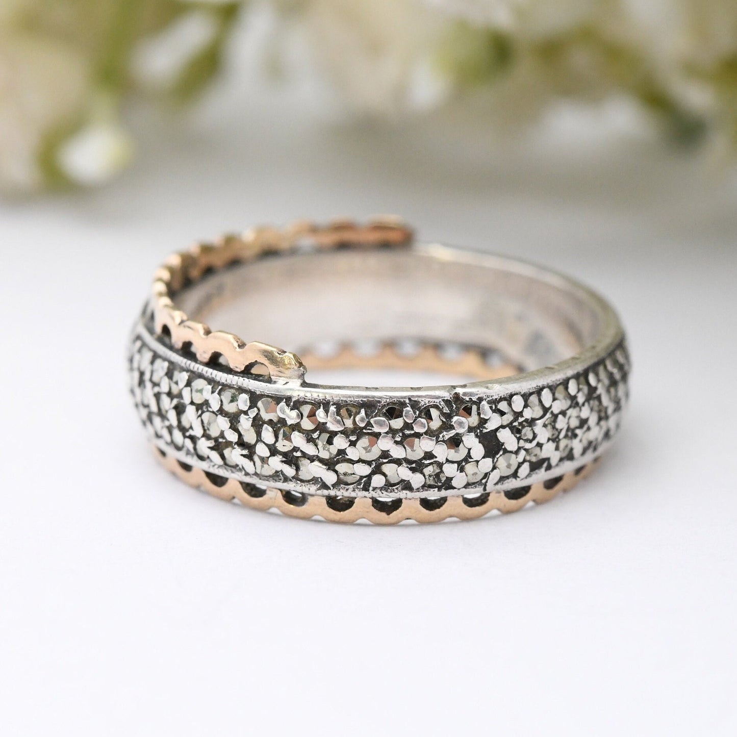 Vintage 9ct Gold & Sterling Silver Marcasite Eternity Ring - Mid-Century Statement Band | UK Size - R 1/2 | US Size - 8 3/4