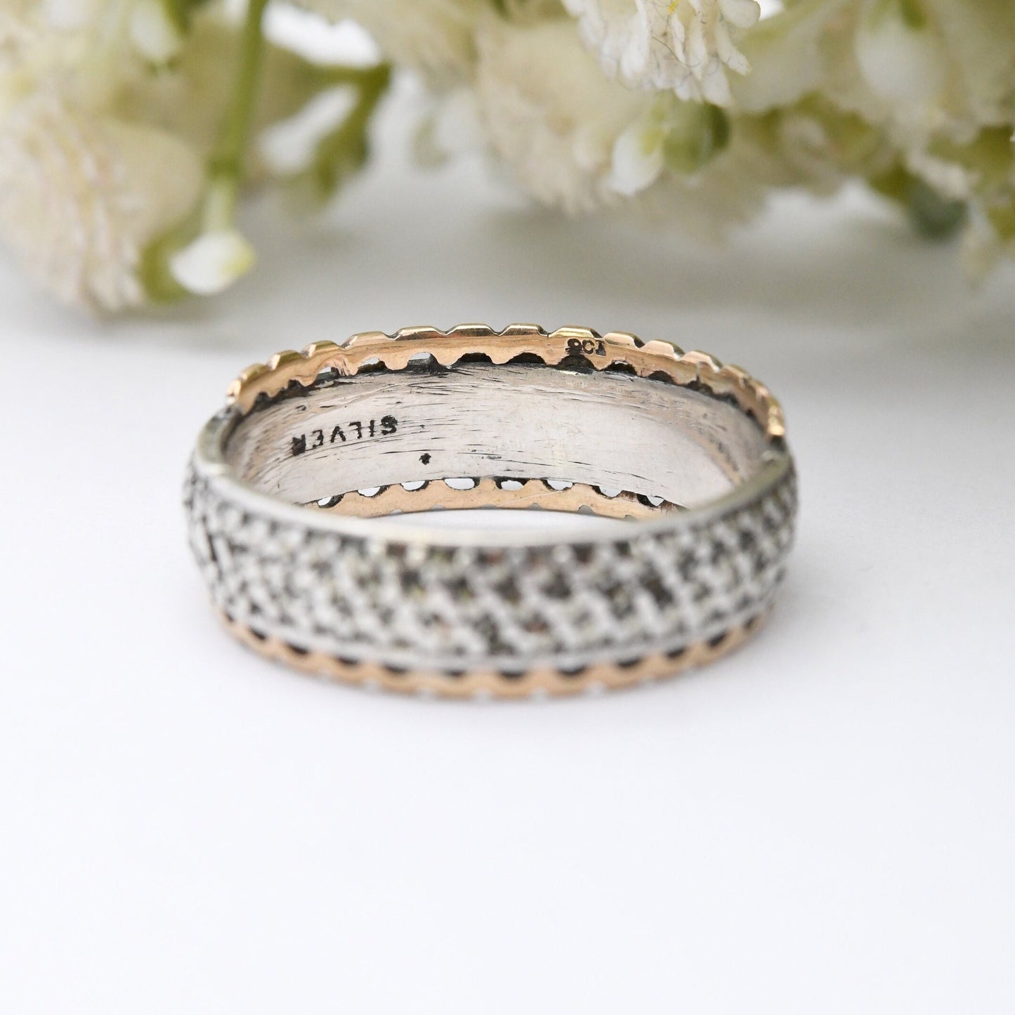 Vintage 9ct Gold & Sterling Silver Marcasite Eternity Ring - Mid-Century Statement Band | UK Size - R 1/2 | US Size - 8 3/4