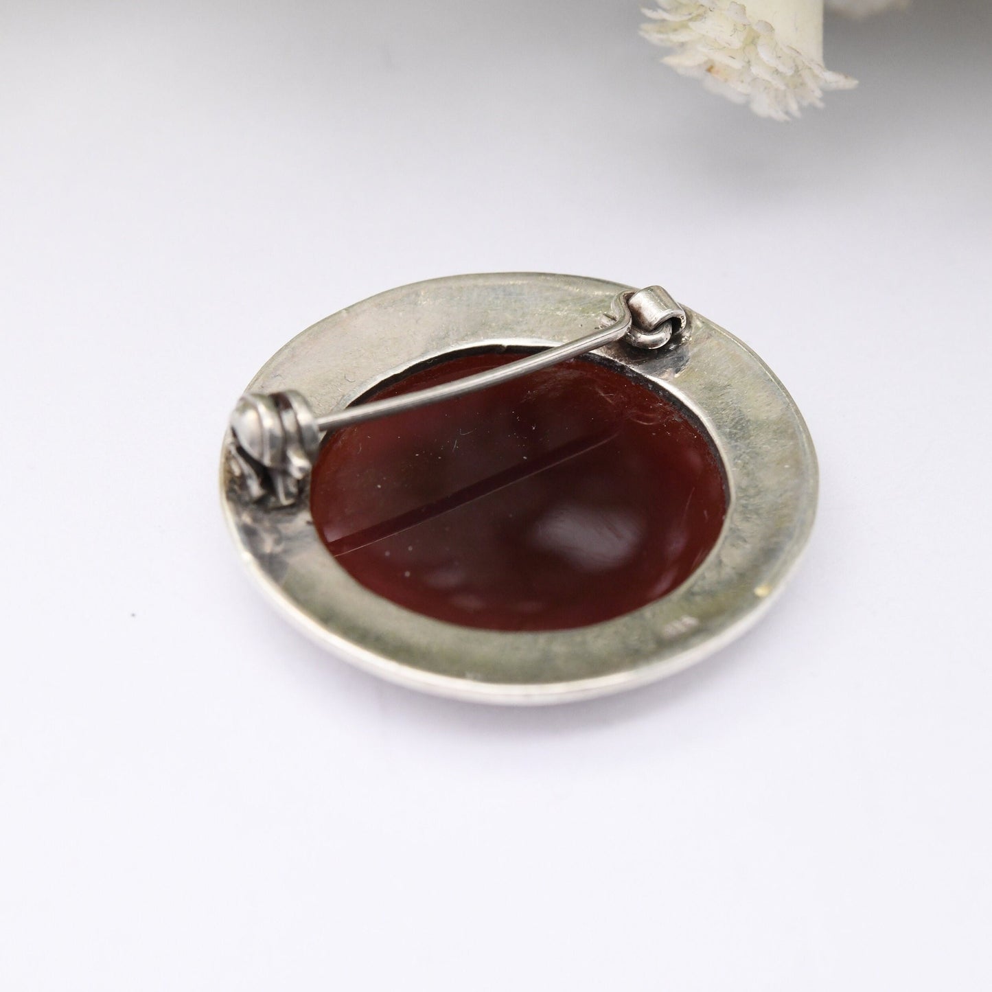 Vintage Sterling Silver Brooch with Carnelian - Red Gemstone | Modernist Porthole Shape