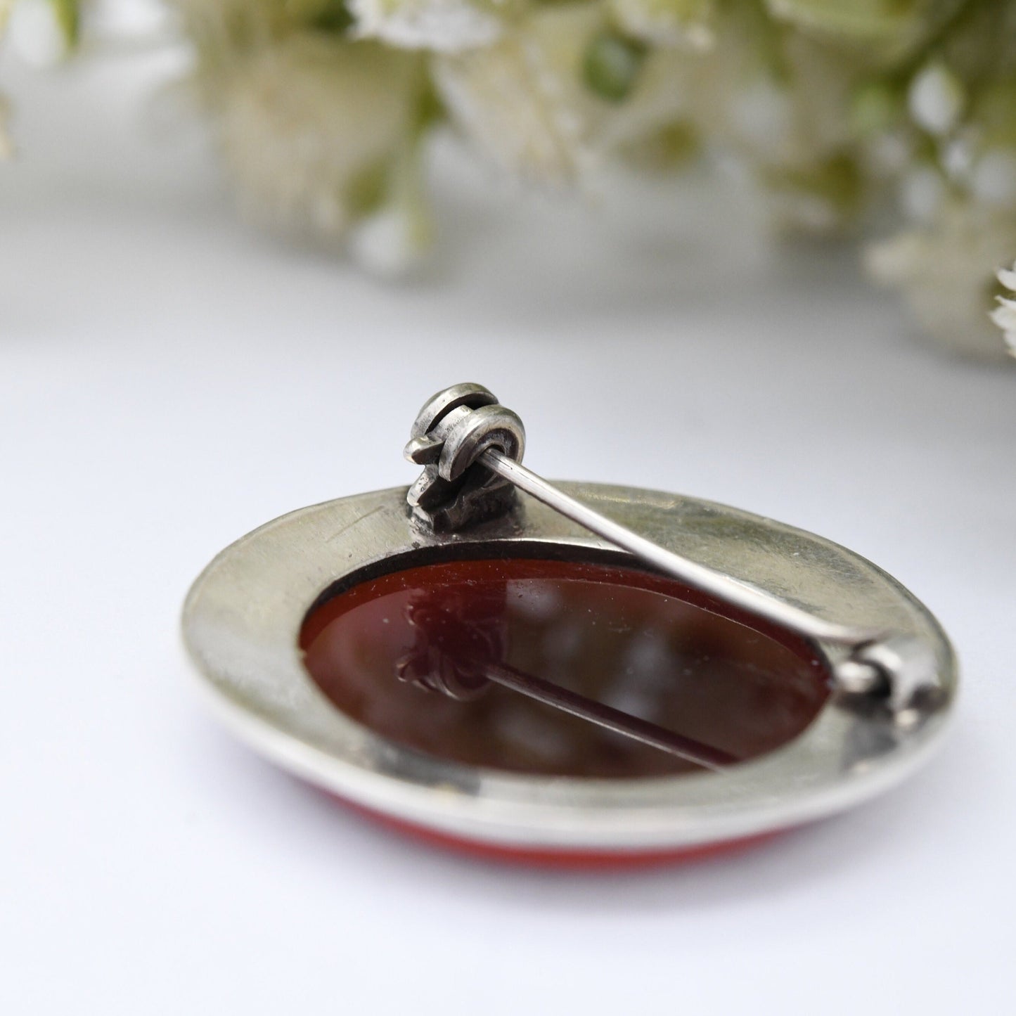 Vintage Sterling Silver Brooch with Carnelian - Red Gemstone | Modernist Porthole Shape