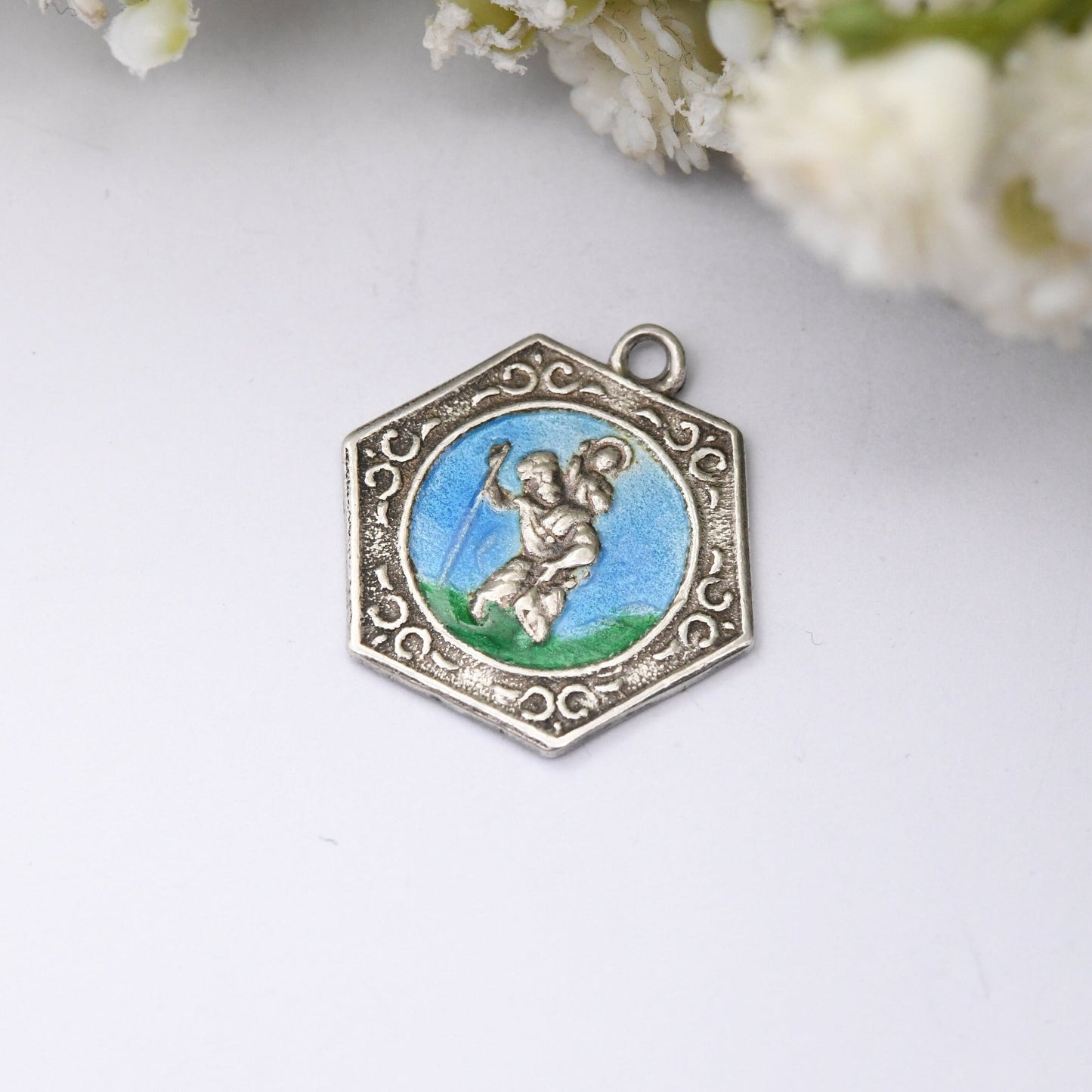 Vintage Sterling Silver St. Christopher Charm Pendant with Enamel - Blue and Green | Hexagonal Shape