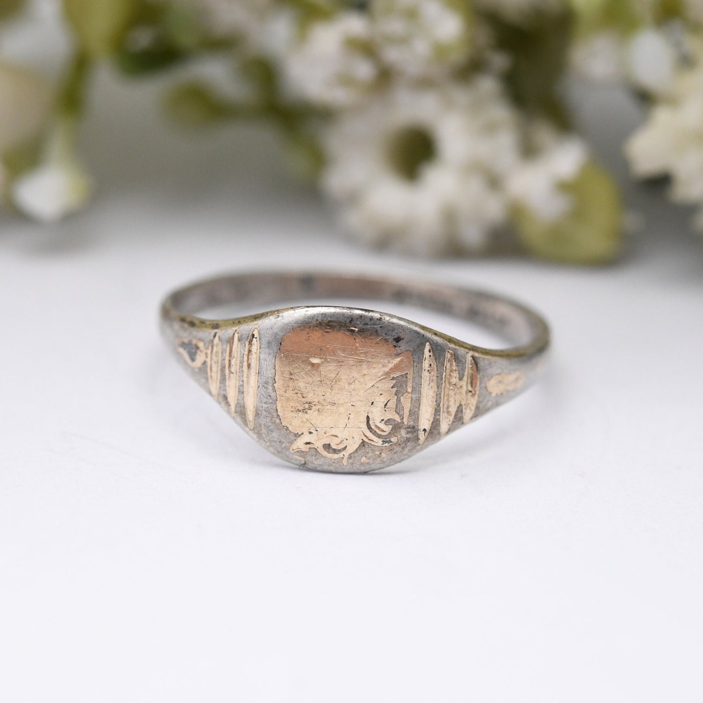 Vintage 9ct Gold Plated Sterling Silver Signet Ring - Lightly Engraved | Gift for Him | UK Size - N | US Size - 6 3/4