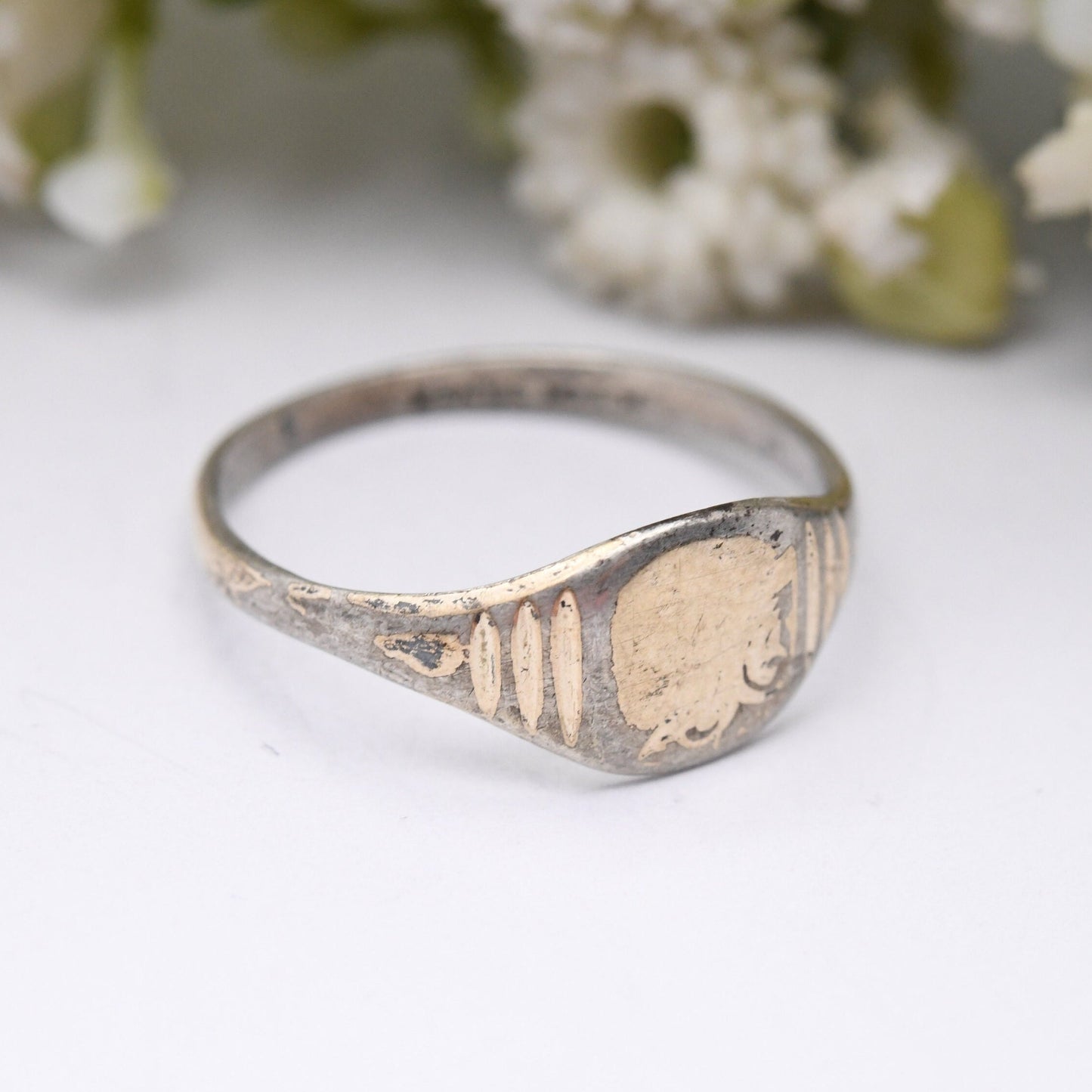 Vintage 9ct Gold Plated Sterling Silver Signet Ring - Lightly Engraved | Gift for Him | UK Size - N | US Size - 6 3/4