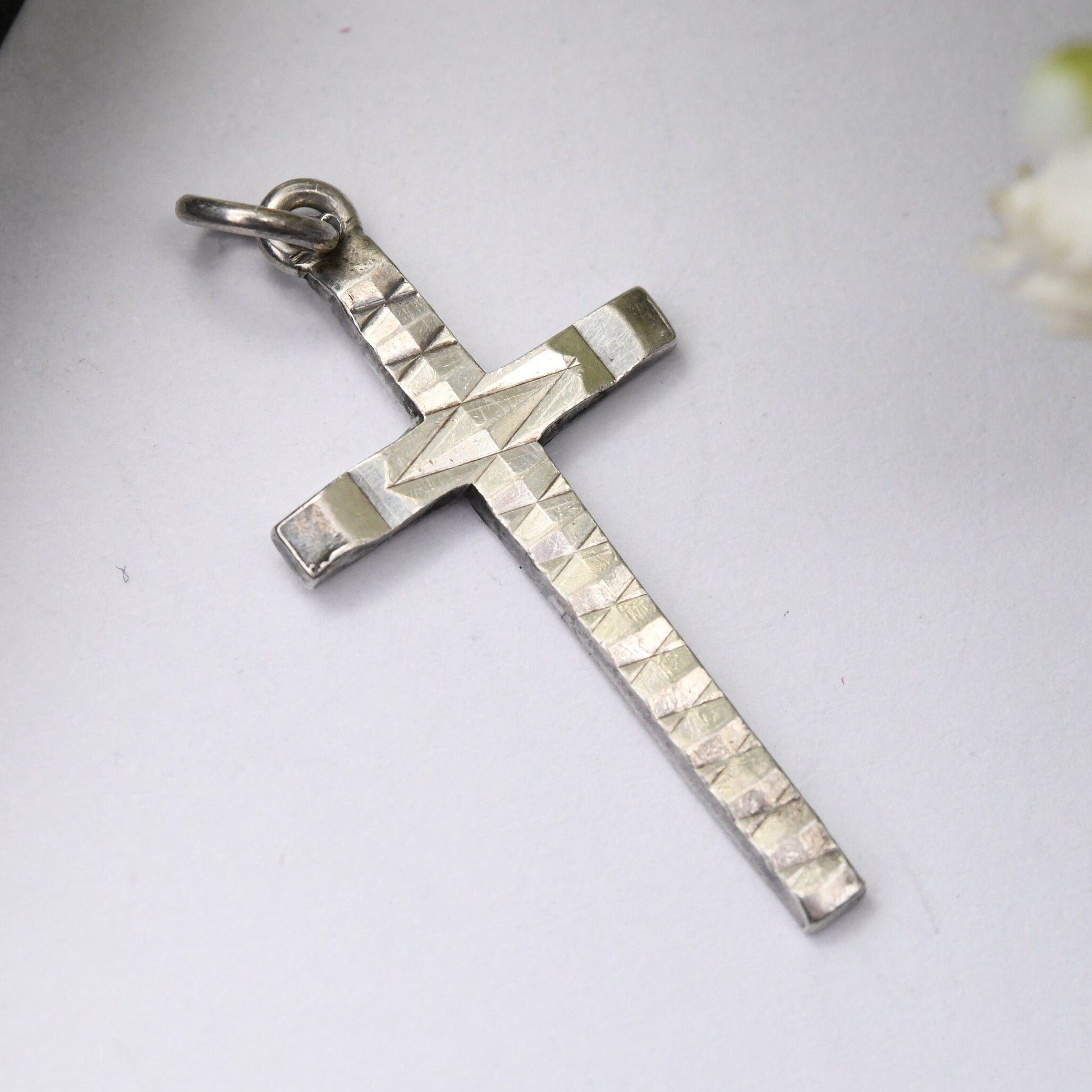 Vintage Sterling Silver Cross Pendant with Diamond Cut Star Design Mid-Century