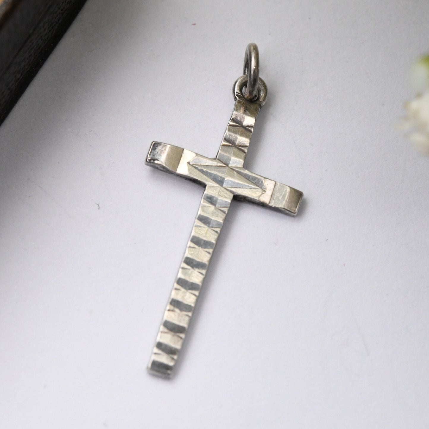 Vintage Sterling Silver Cross Pendant with Diamond Cut Star Design Mid-Century