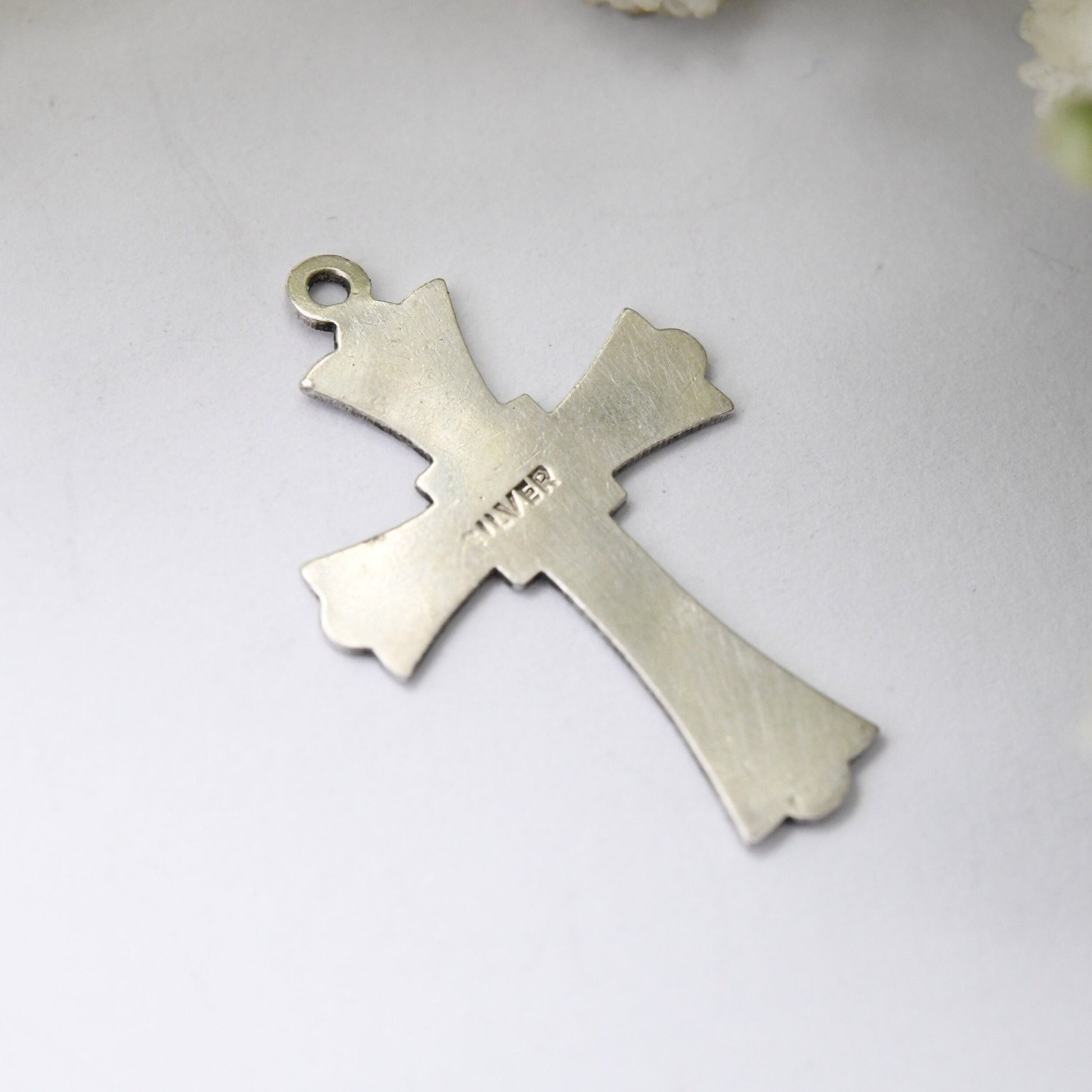 Vintage Sterling Silver Cross Pendant Engraved Star Design Mid-Century