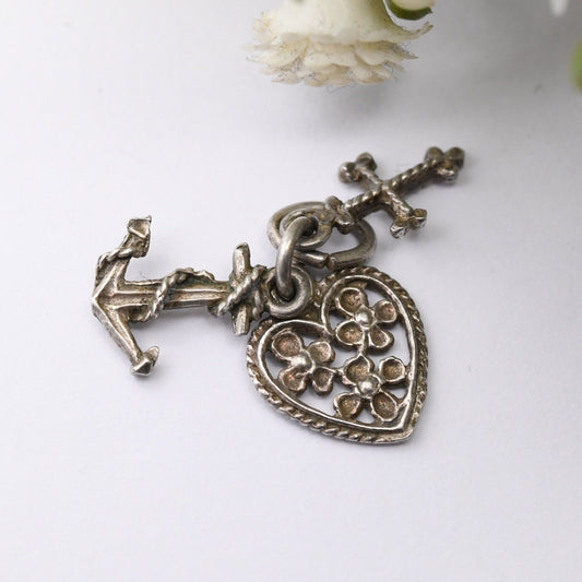 Vintage Silver Hope Faith Charity Charm Pendant - Heart Anchor Cross | Ornate Rope Twist | Charm Bracelet Charm Necklace