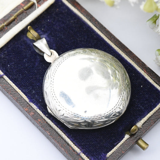 Vintage Sterling Silver Locket Pendant with Engraved Border 1994 - Large Circle Shape