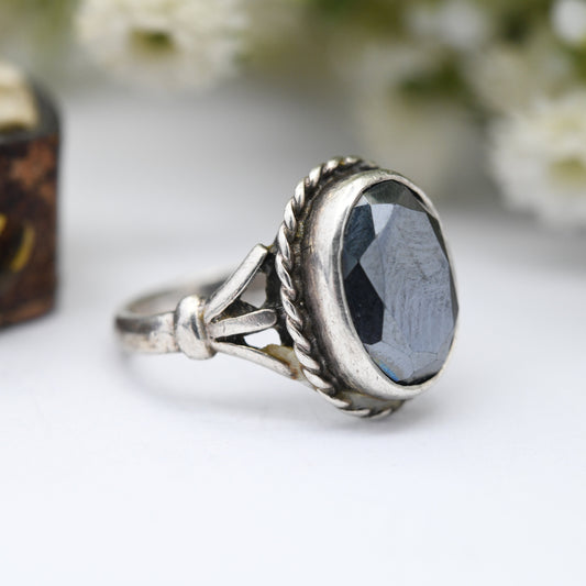 Vintage Sterling Silver Faceted Hematite Ring - Black Gemstone | Mid-Century Rope Twist Ring | UK Size - K 1/2 | US Size - 5 1/2