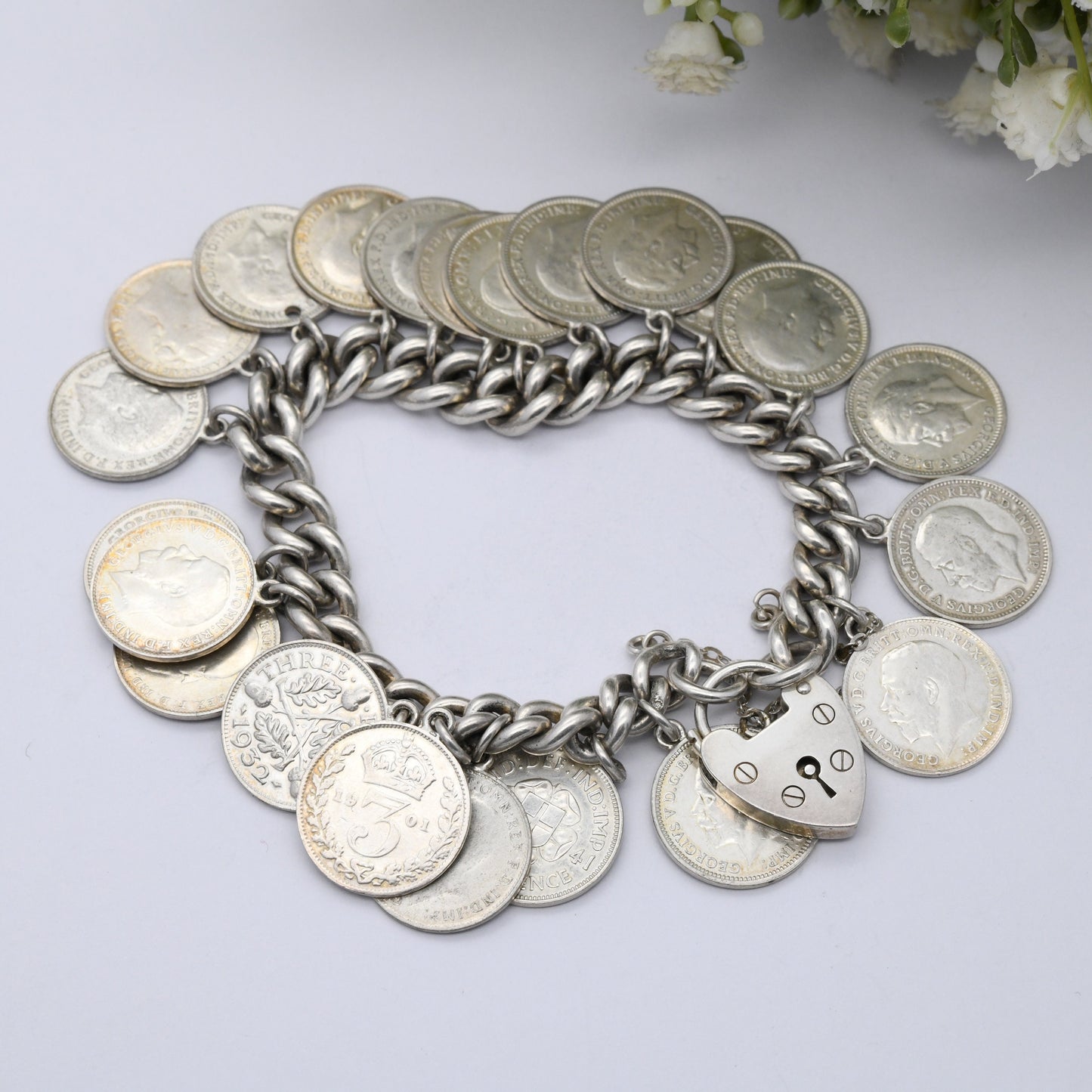 Vintage Silver Threepence Coin Charm Bracelet 1967 - 1886 Victoria 1908 Edward VII 1918 George V Curb Link | Heart Padlock Clasp | English