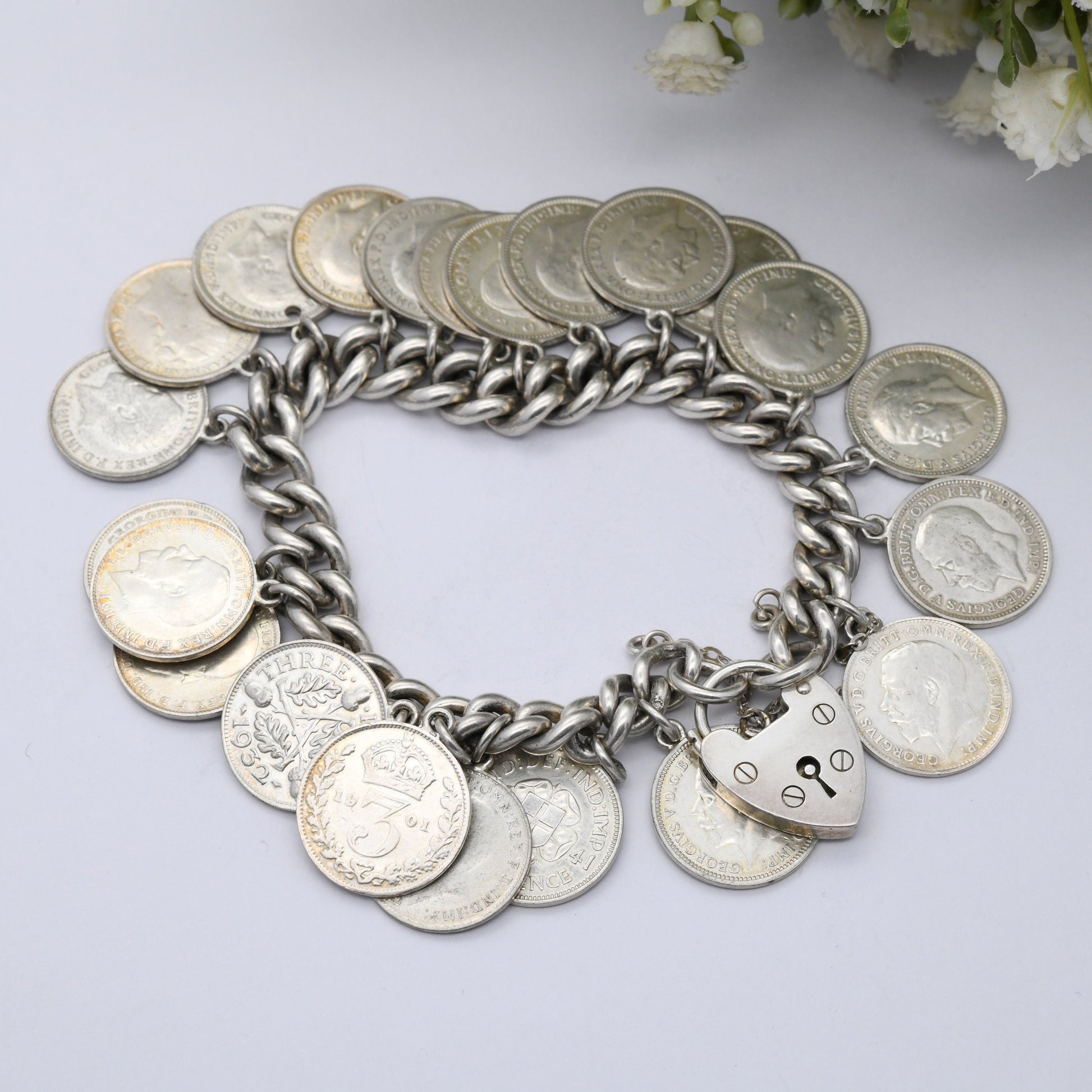 Vintage Silver Threepence Coin Charm Bracelet 1967 - 1886 Victoria 1908 Edward VII 1918 George V Curb Link | Heart Padlock Clasp | English