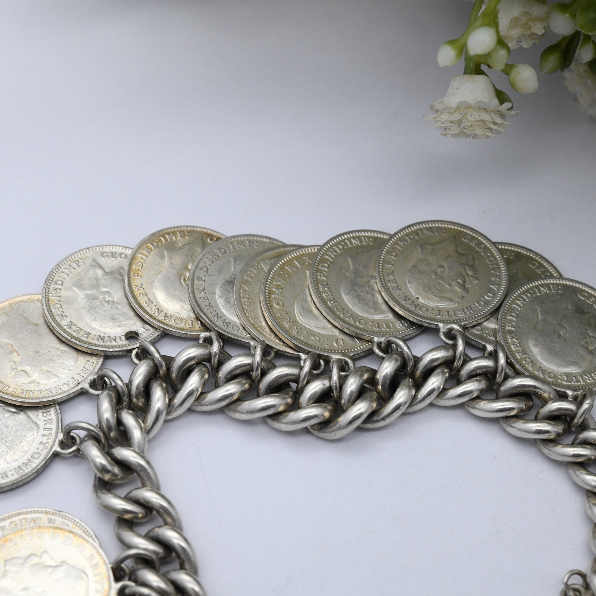 Vintage Silver Threepence Coin Charm Bracelet 1967 - 1886 Victoria 1908 Edward VII 1918 George V Curb Link | Heart Padlock Clasp | English