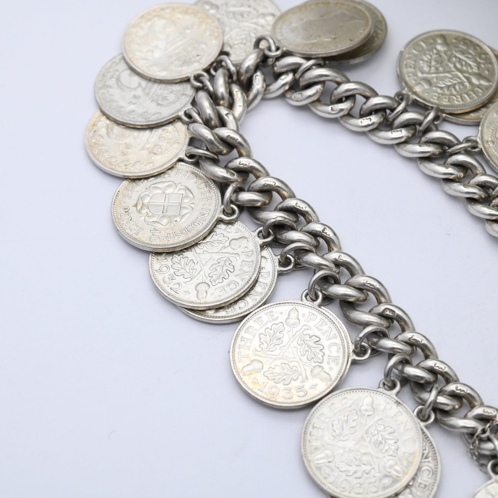 Vintage Silver Threepence Coin Charm Bracelet 1967 - 1886 Victoria 1908 Edward VII 1918 George V Curb Link | Heart Padlock Clasp | English