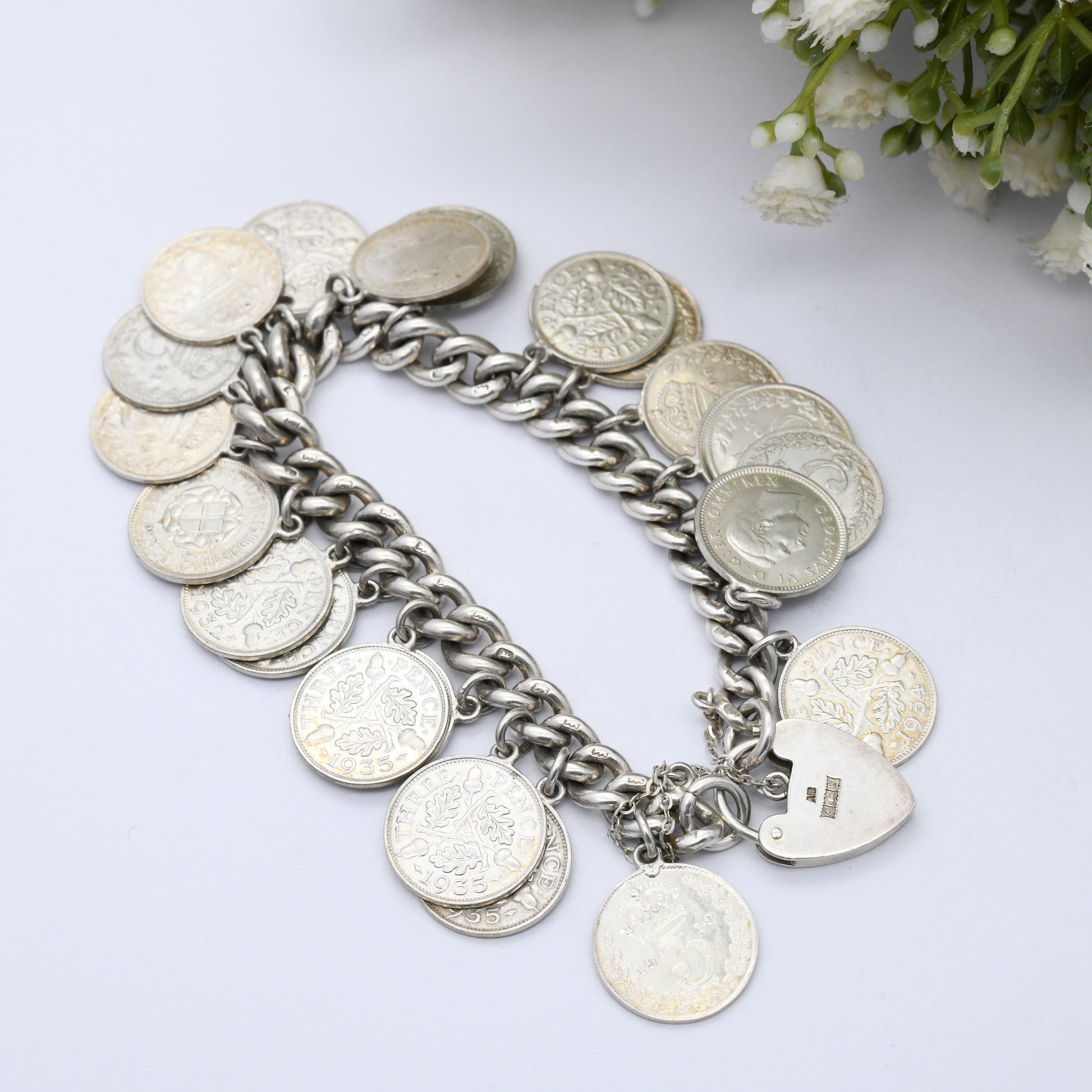 Vintage Silver Threepence Coin Charm Bracelet 1967 - 1886 Victoria 1908 Edward VII 1918 George V Curb Link | Heart Padlock Clasp | English