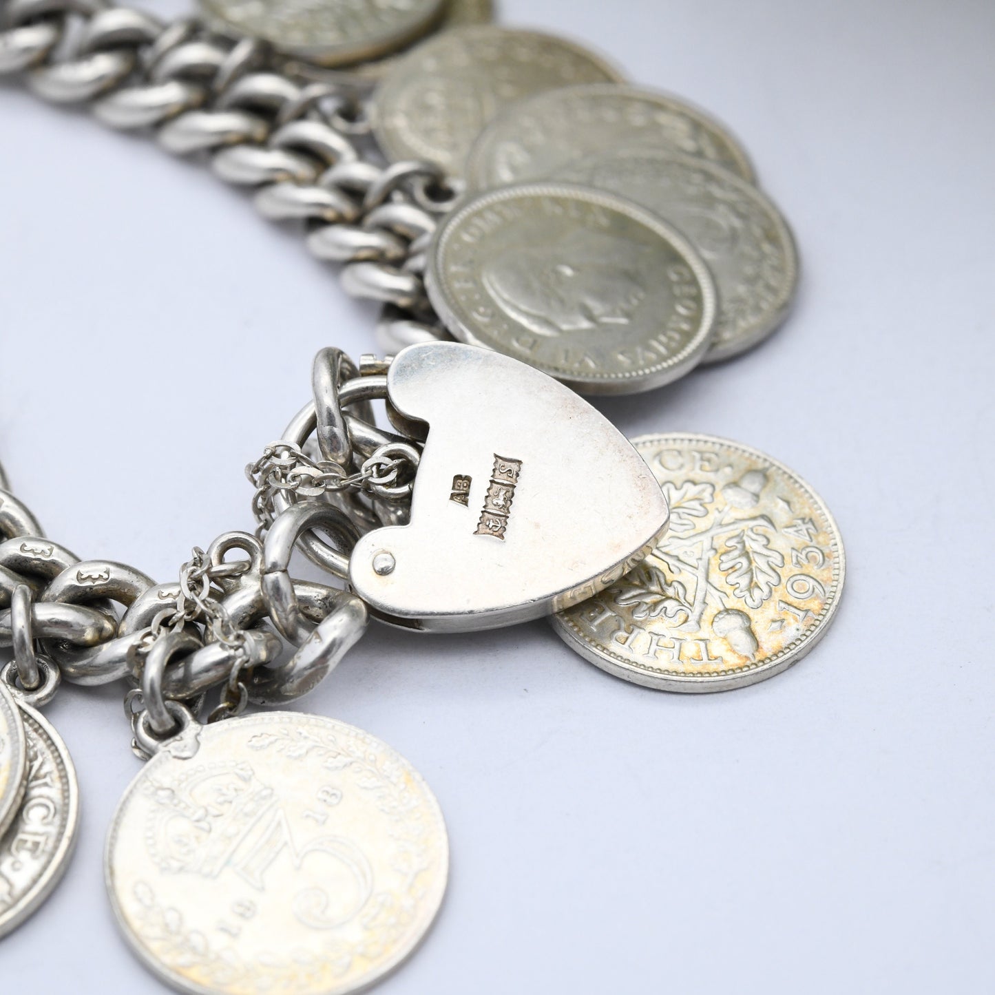 Vintage Silver Threepence Coin Charm Bracelet 1967 - 1886 Victoria 1908 Edward VII 1918 George V Curb Link | Heart Padlock Clasp | English