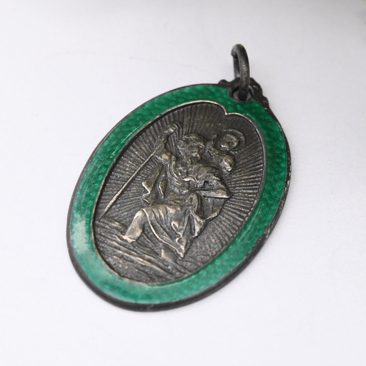 Vintage Sterling Silver St. Christopher Pendant with Green Enamel Guilloche Border