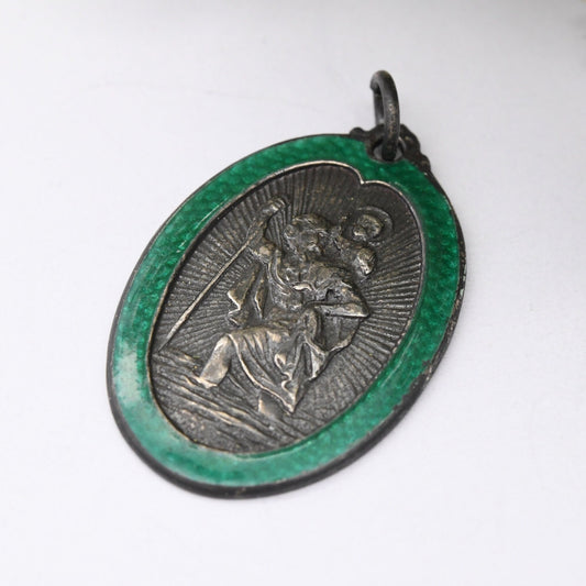 Vintage Sterling Silver St. Christopher Pendant with Green Enamel Guilloche Border