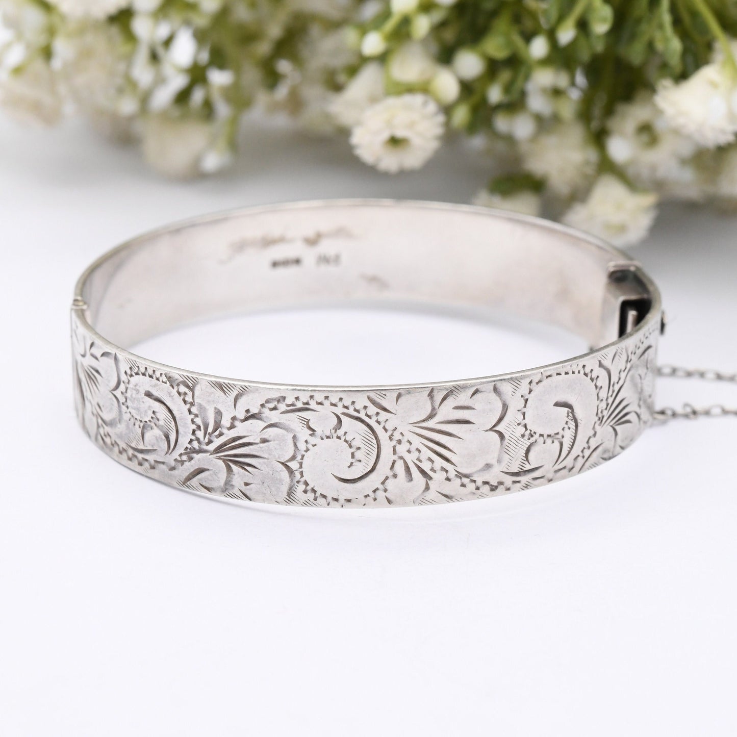 Vintage Sterling Silver Bangle Bracelet 1976 with Scrolling Design PM - Floral Chunky Silver Jewellery | with Safety Chain