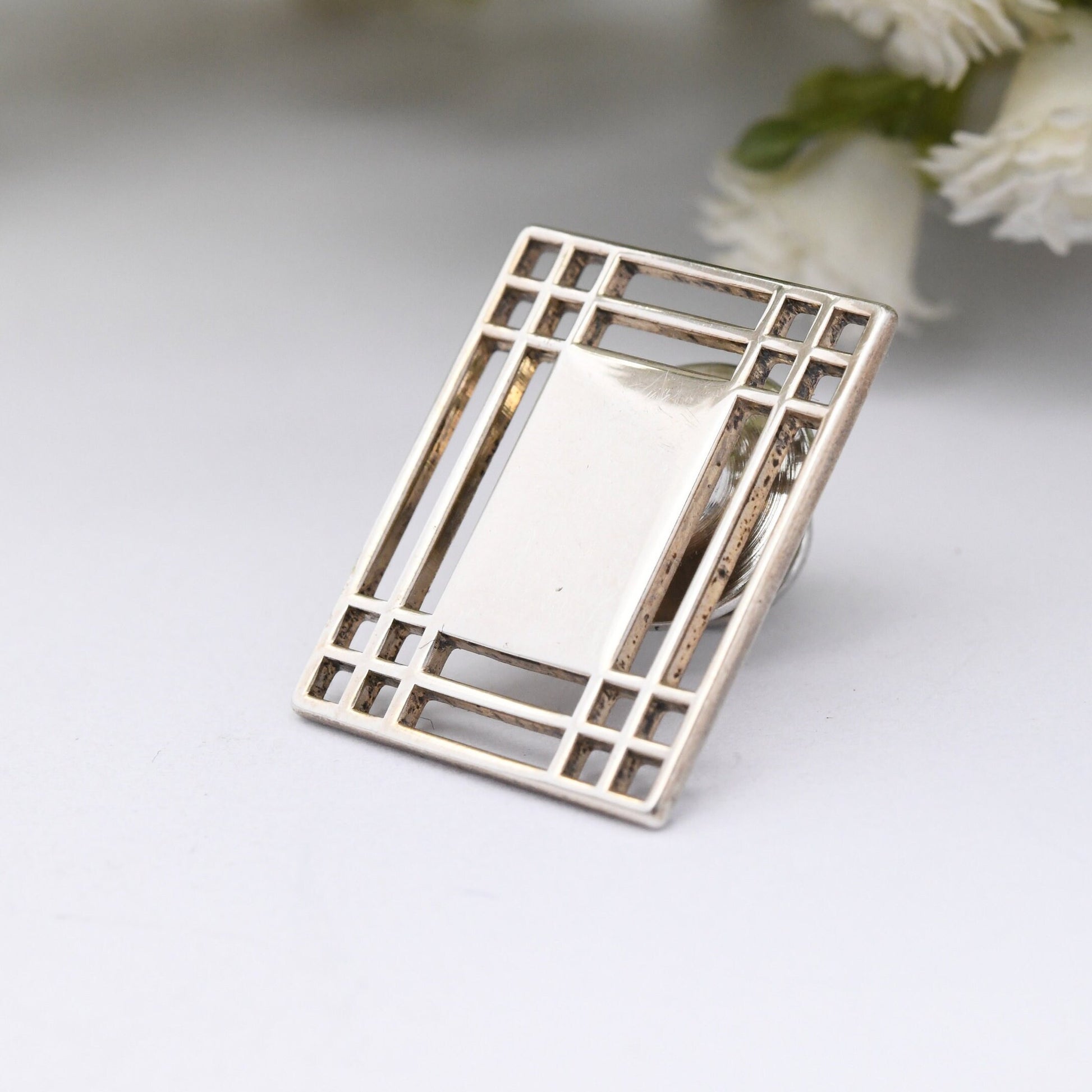 Vintage Sterling Silver Tie Pin Brooch Celtic Rectangle - Minimalist Openwork Design