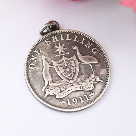 Antique Australia One Shilling George V 1911 Sterling Silver Coin Pendant - Silver Coin Jewellery