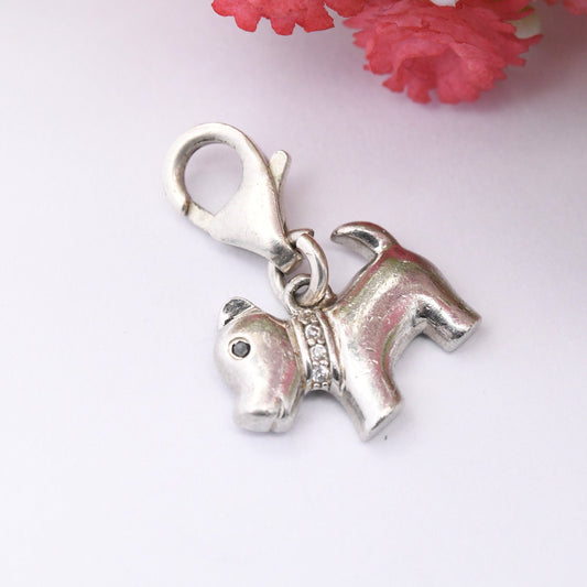 Sterling Silver Dog Charm with Lobster Clasp - Scottish Terrier Scottie Dog Pendant | with Sparkly CZ Collar and Black Eye