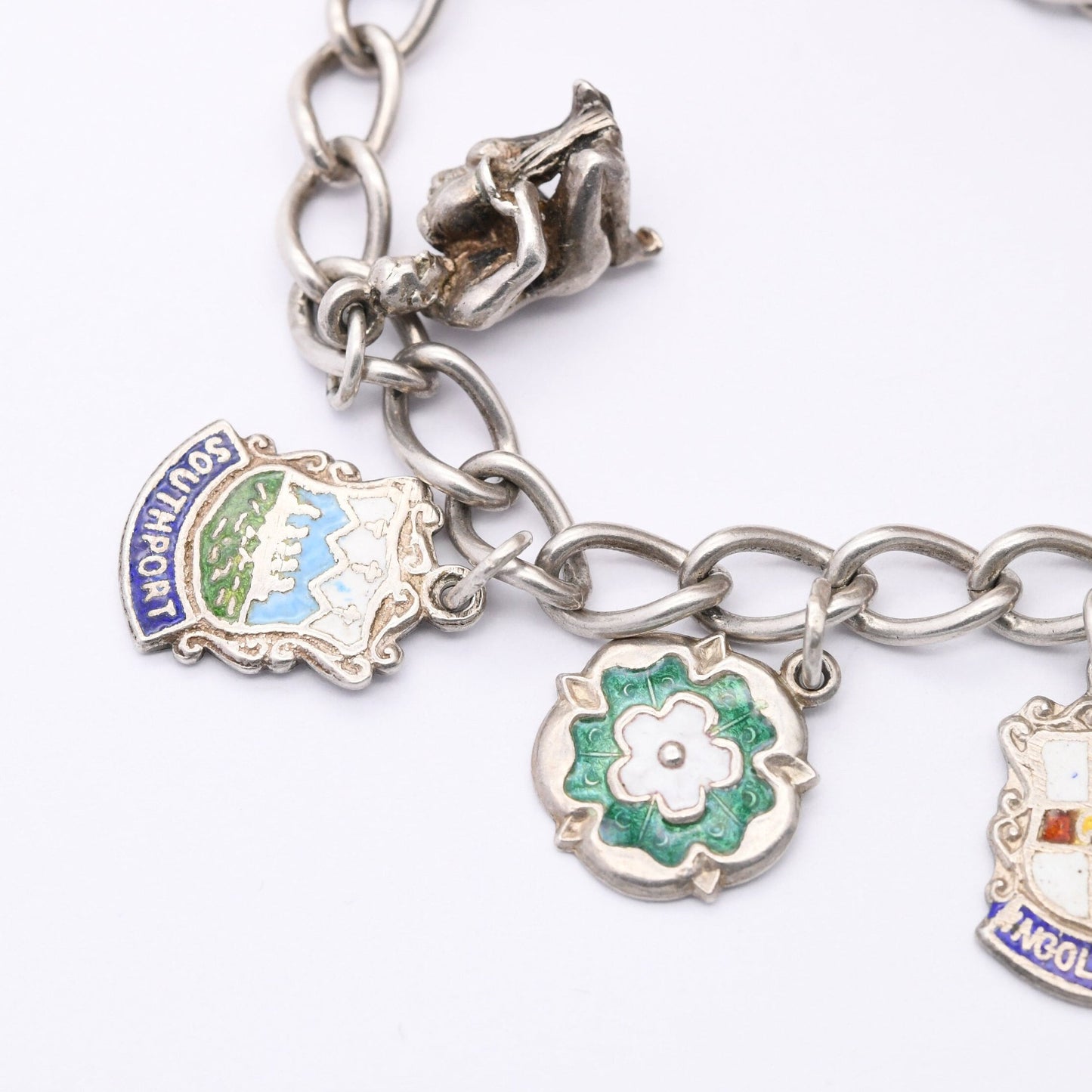 Vintage Sterling Silver Charm Bracelet with Shield Travel Charms - Aquarius Leeds York Houses of Parliament | Curb Links | Starter Charm Set