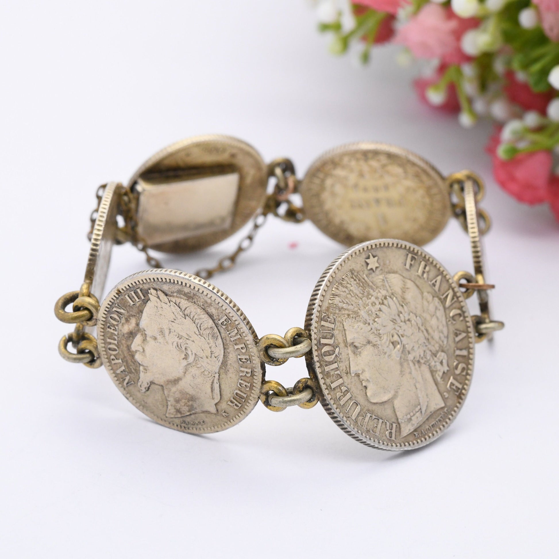 Antique French Silver Coin Bracelet - 1867 Napoleon III 1 Franc 1872 Ceres 2 Francs | Silver Coin Jewellery