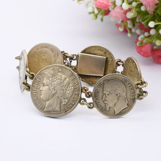 Antique French Silver Coin Bracelet - 1867 Napoleon III 1 Franc 1872 Ceres 2 Francs | Silver Coin Jewellery