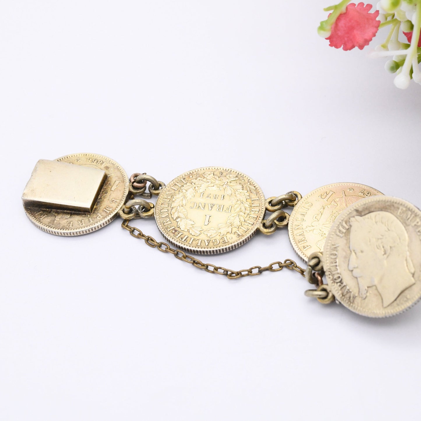 Antique French Silver Coin Bracelet - 1867 Napoleon III 1 Franc 1872 Ceres 2 Francs | Silver Coin Jewellery
