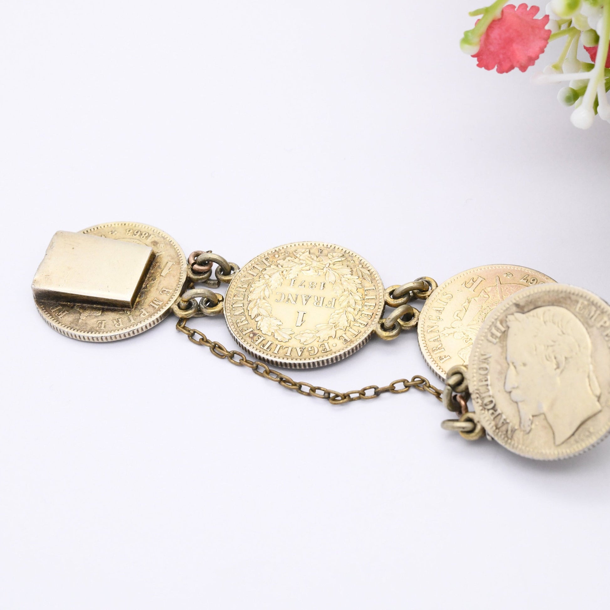 Antique French Silver Coin Bracelet - 1867 Napoleon III 1 Franc 1872 Ceres 2 Francs | Silver Coin Jewellery