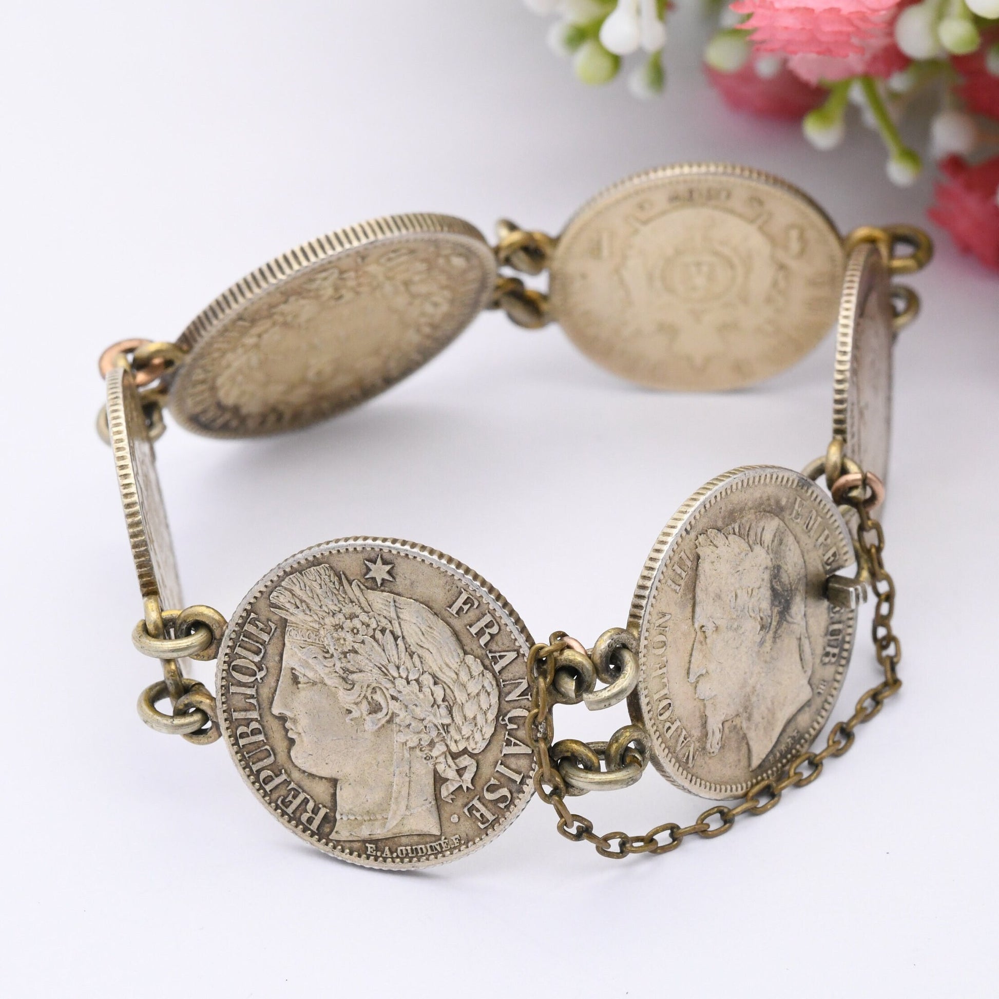 Antique French Silver Coin Bracelet - 1867 Napoleon III 1 Franc 1872 Ceres 2 Francs | Silver Coin Jewellery