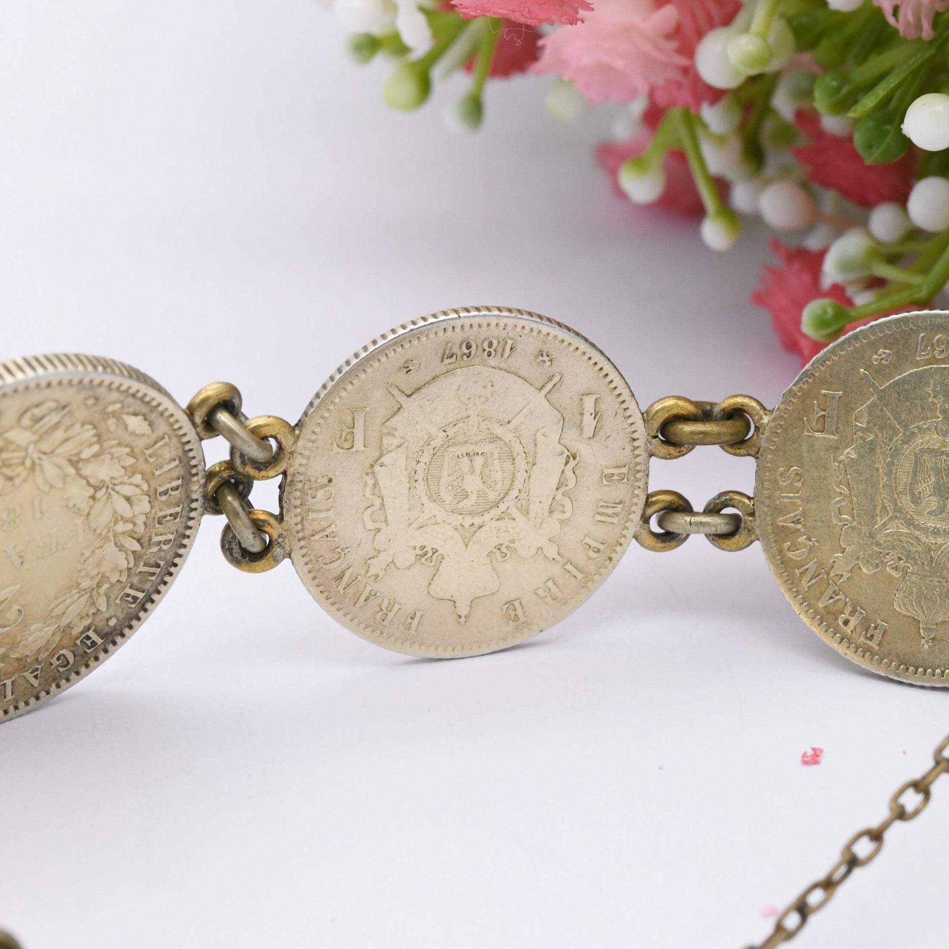 Antique French Silver Coin Bracelet - 1867 Napoleon III 1 Franc 1872 Ceres 2 Francs | Silver Coin Jewellery