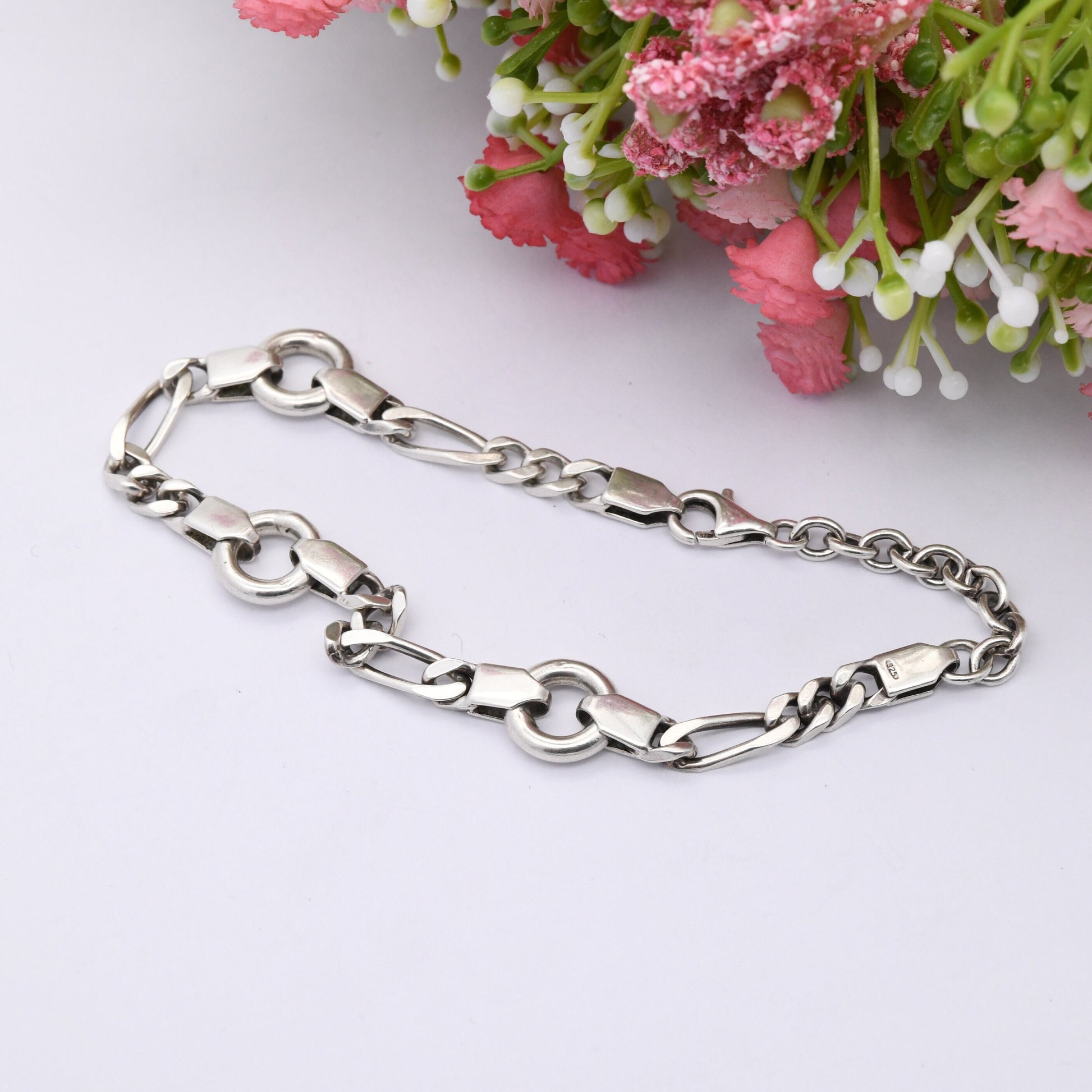 Vintage Sterling Silver Ankle Bracelet Anklet - Long Figaro Chain with Hoops | Gift for Girlfriend | Quality Minimalist Silver