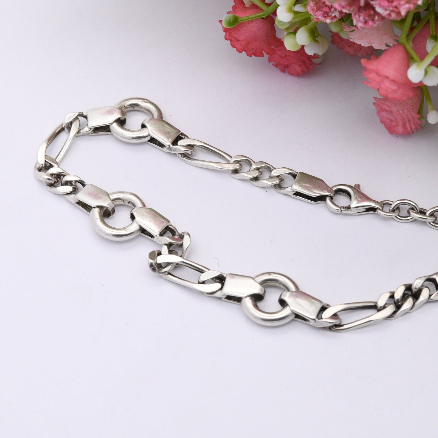 Vintage Sterling Silver Ankle Bracelet Anklet - Long Figaro Chain with Hoops | Gift for Girlfriend | Quality Minimalist Silver