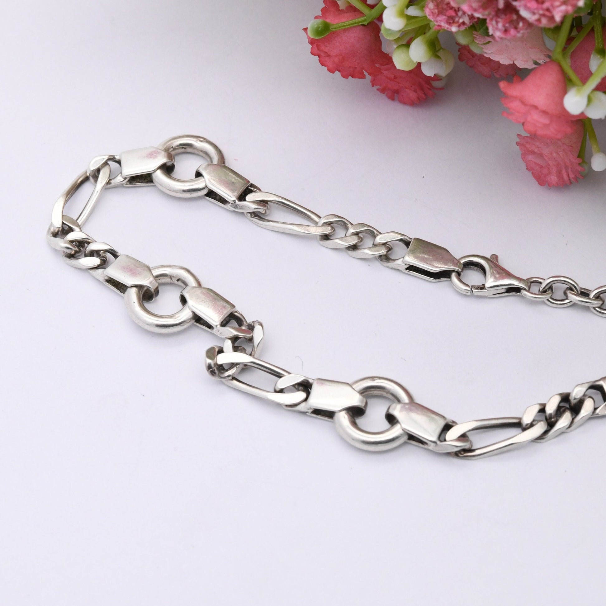 Vintage Sterling Silver Ankle Bracelet Anklet - Long Figaro Chain with Hoops | Gift for Girlfriend | Quality Minimalist Silver