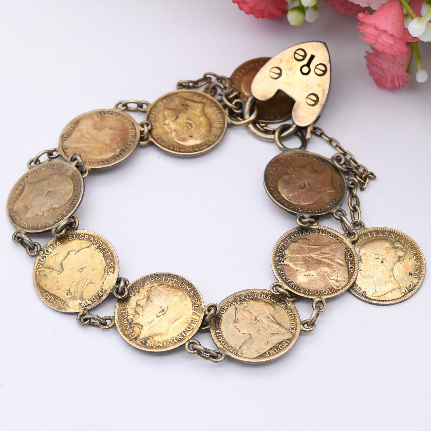 Antique Sterling Silver Threepence Coin Bracelet with Heart Padlock Clasp - 1876 Victoria 1903 Edward | Gold Plated Silver Coin Jewellery