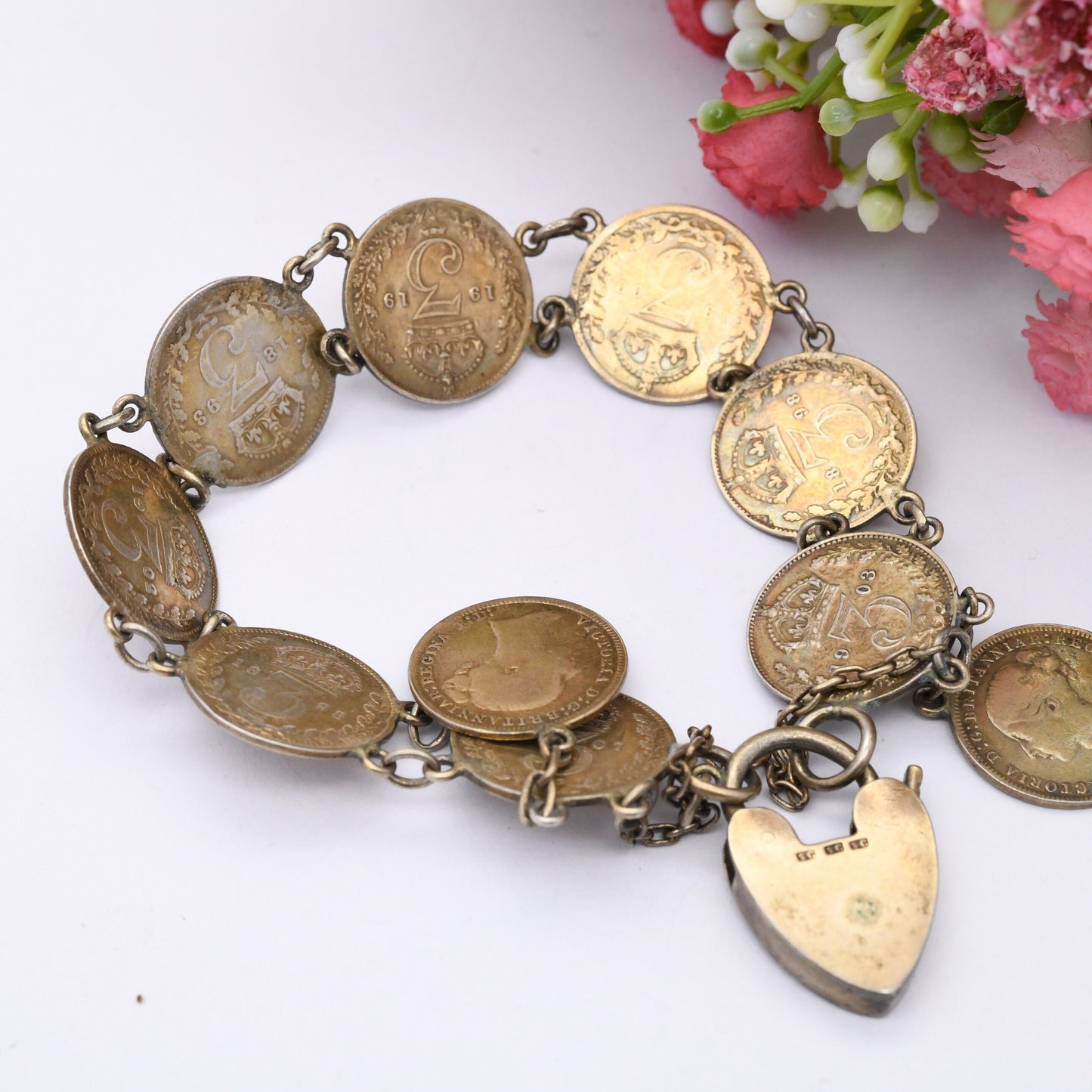 Antique Sterling Silver Threepence Coin Bracelet with Heart Padlock Clasp - 1876 Victoria 1903 Edward | Gold Plated Silver Coin Jewellery