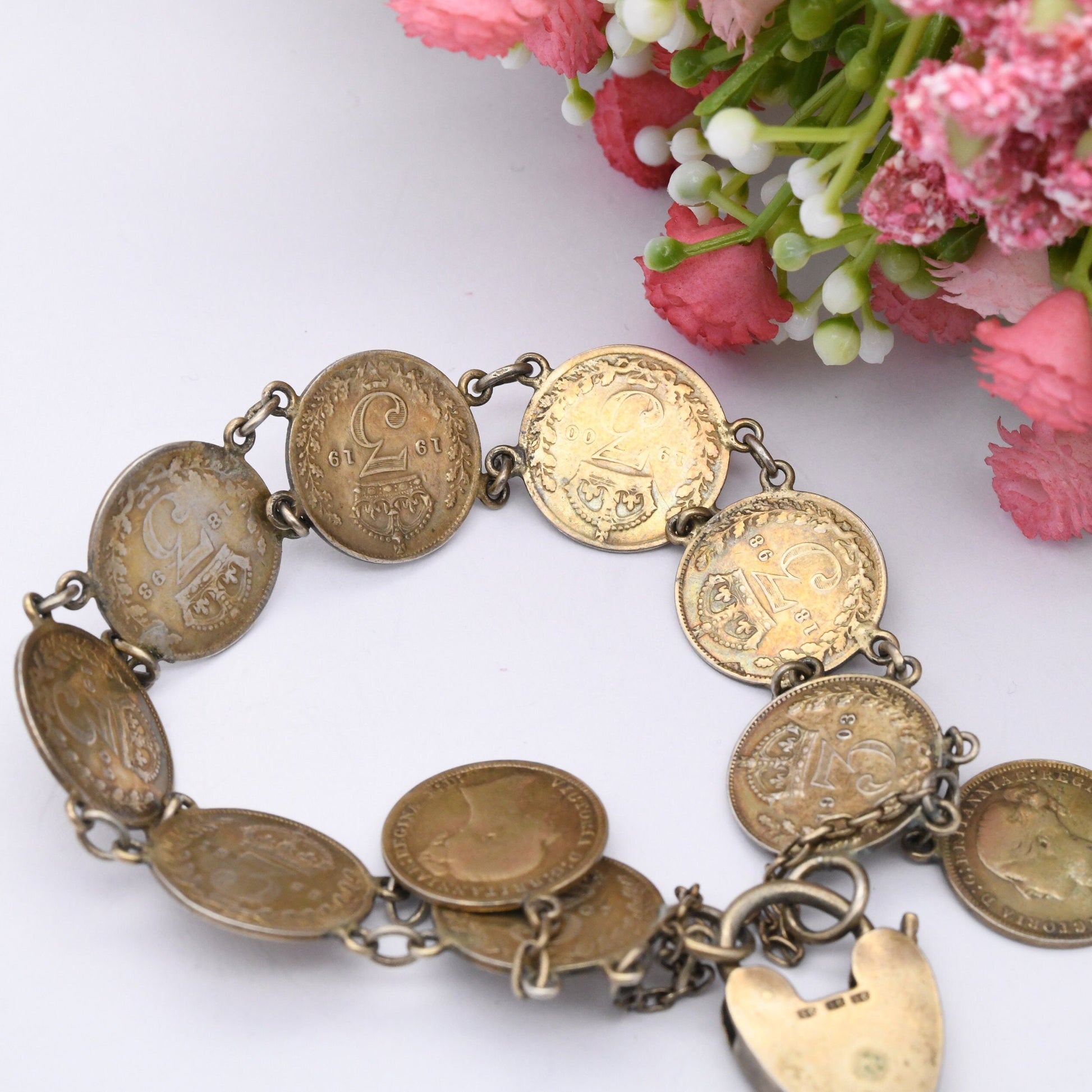 Antique Sterling Silver Threepence Coin Bracelet with Heart Padlock Clasp - 1876 Victoria 1903 Edward | Gold Plated Silver Coin Jewellery