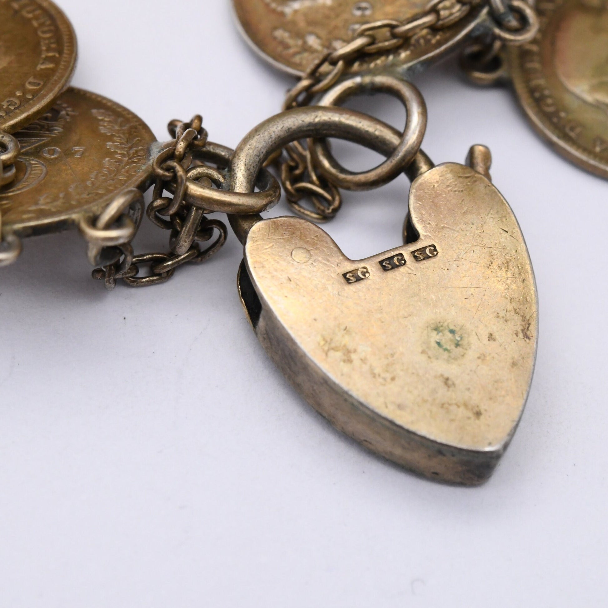 Antique Sterling Silver Threepence Coin Bracelet with Heart Padlock Clasp - 1876 Victoria 1903 Edward | Gold Plated Silver Coin Jewellery