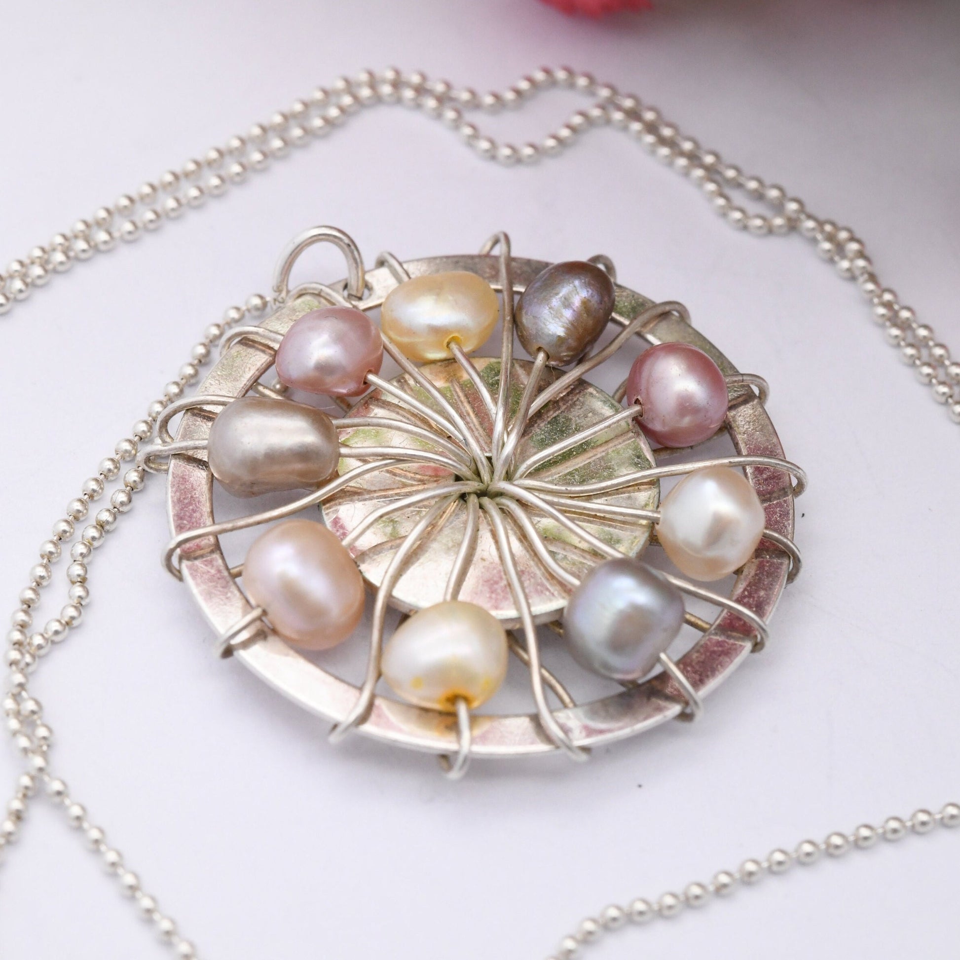 Vintage Sterling Silver Pearl Pendant Necklace - Multicoloured Pearls Pink Purple Peacock White